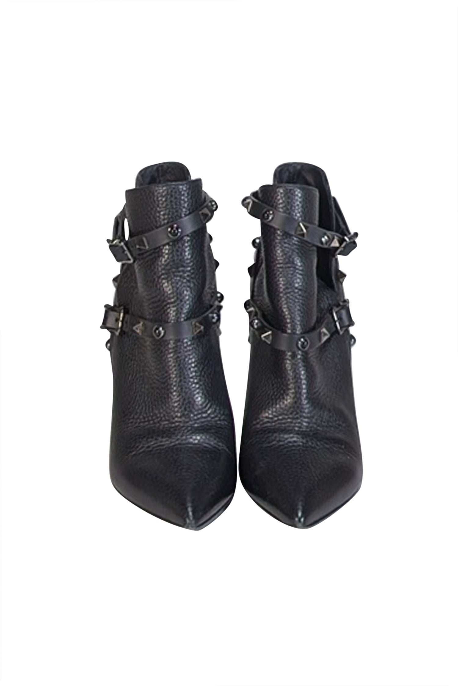 Valentino's Edgy Black Pebbled Leather Studded Short - Heel Boots, Size 7