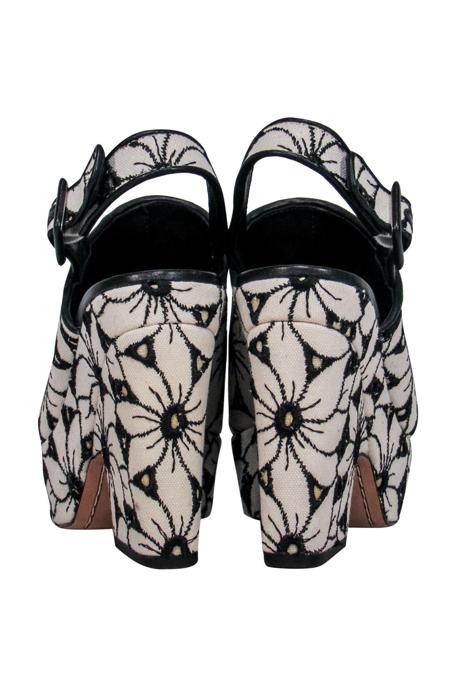 Alice & Olivia's Stunning Beige & Black Floral Embroidered Chunky Slingback Heels - Size 6