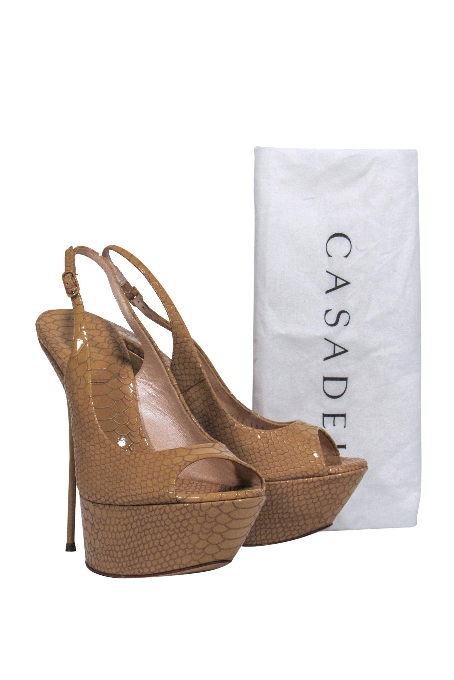 Casadei Tan Reptile Embossed Slingback Open Toe Stilettos - Size 7