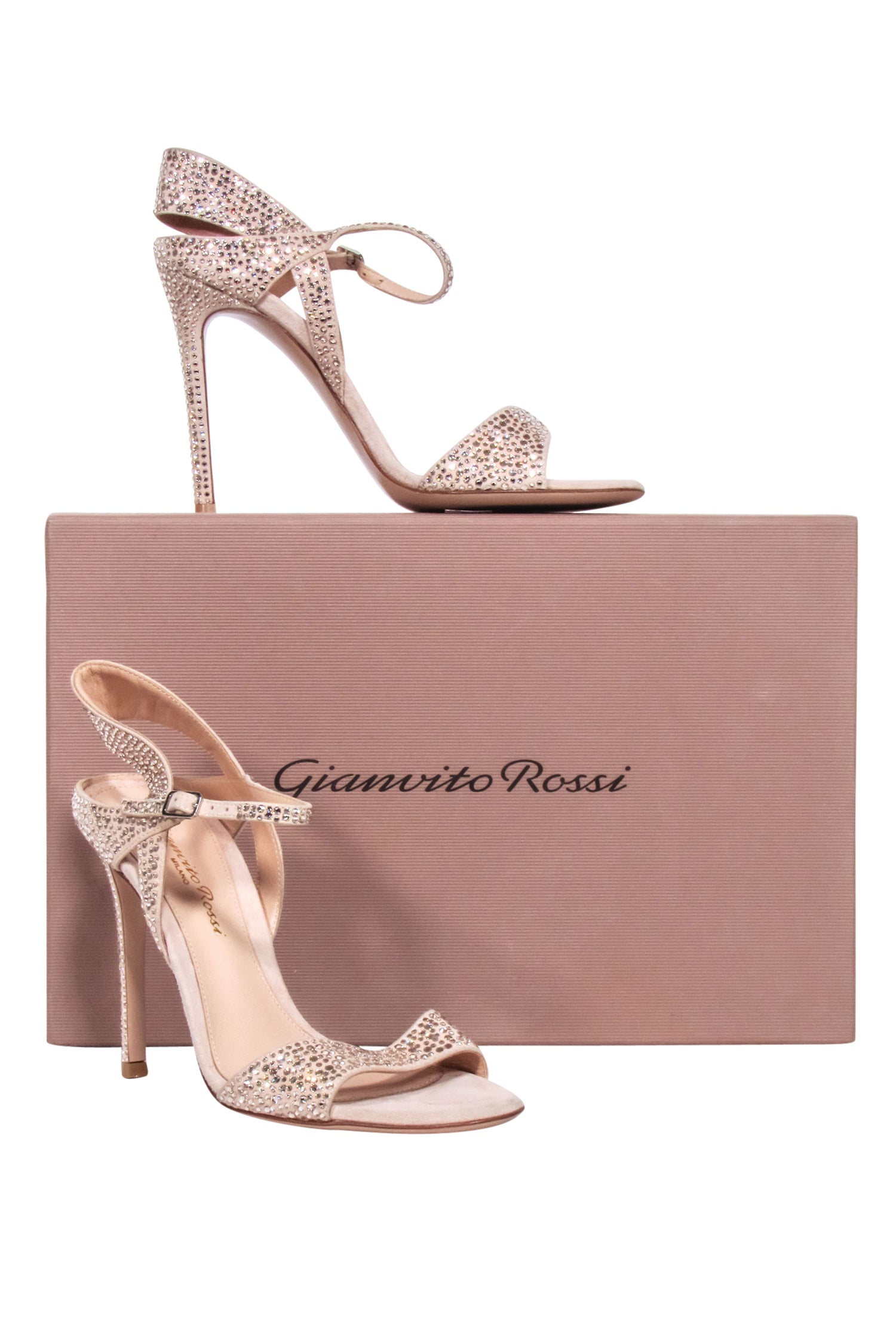 Gianvito Rossi - Chic Beige Strappy Heels with Sparkling Rhinestones, Size 5.5