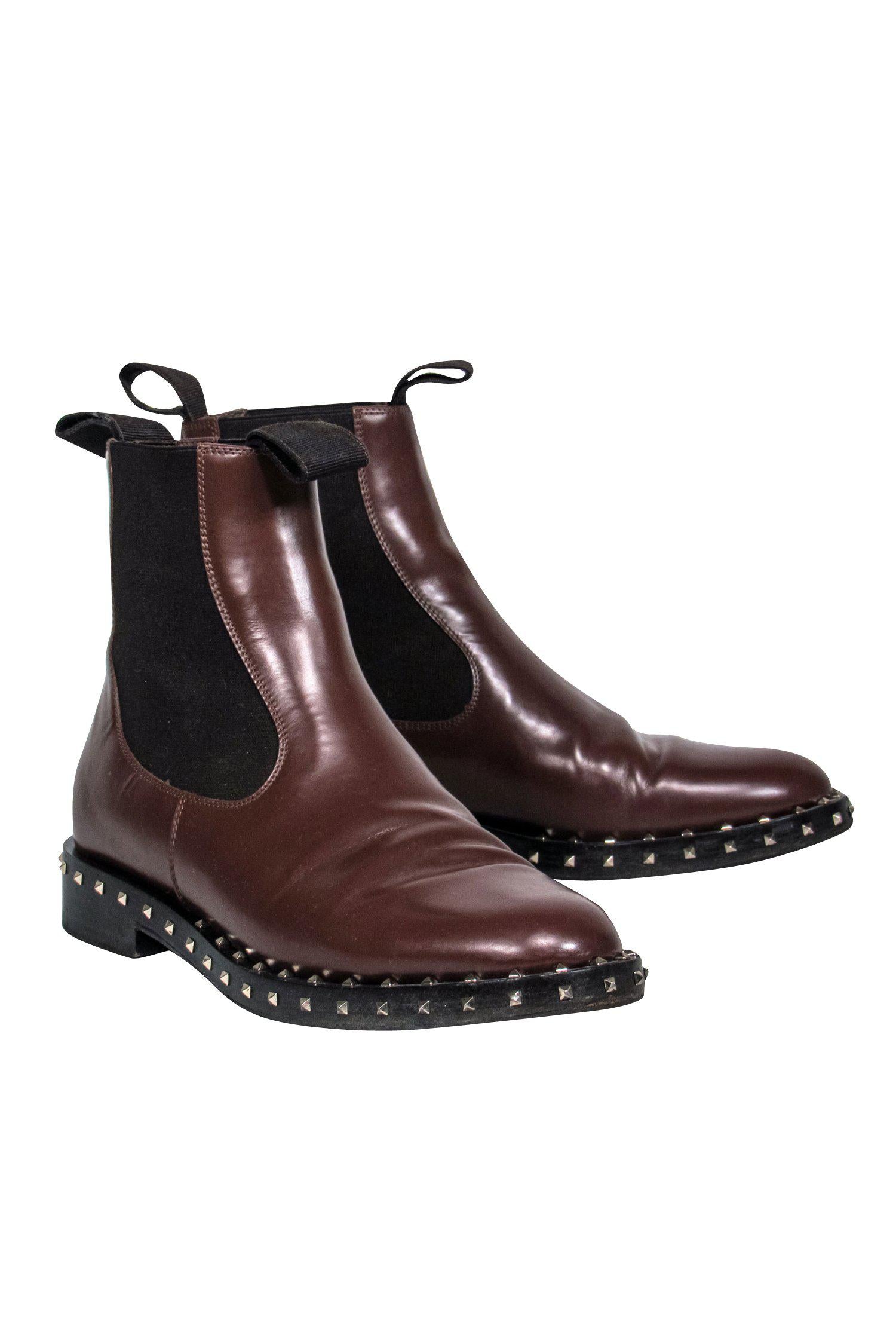Valentino Brown Studded Leather Chelsea Booties - Size 6.5