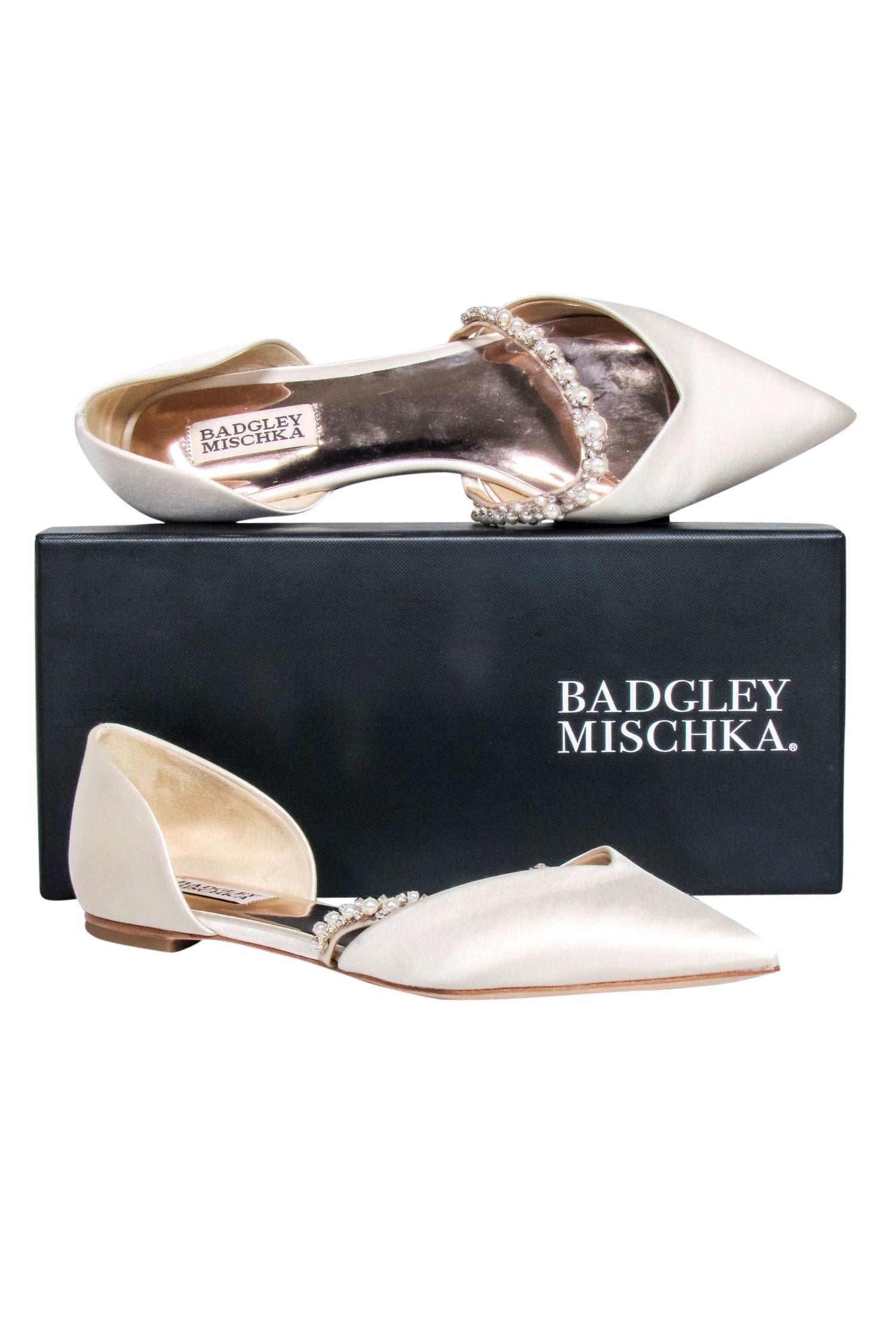 Badgley Mischka Ivory Satin Glamorous Embellished Strap Flats - Size 9.5