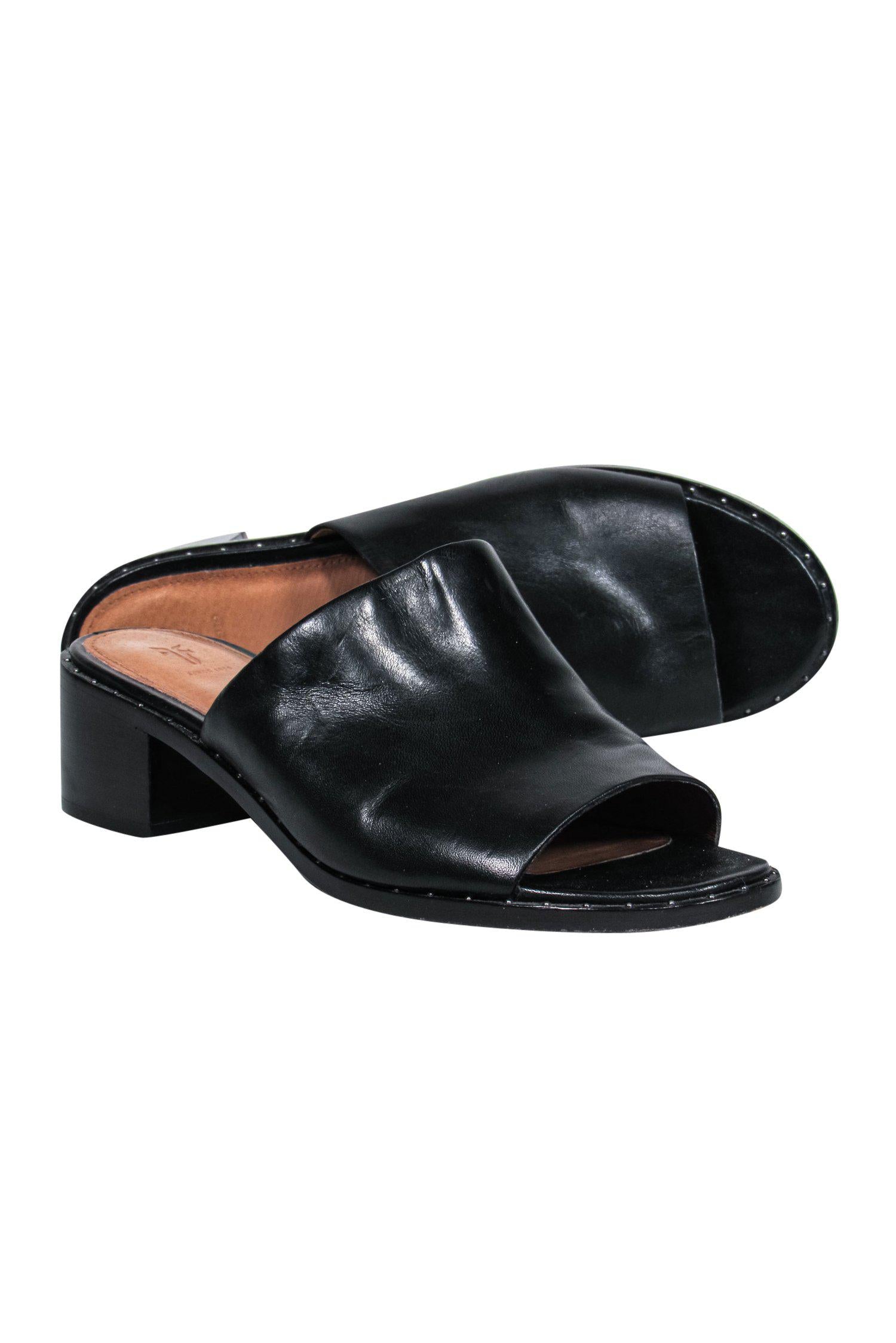 Frye Black Studded Leather Chunky Heel Slide Sandals - Size 6