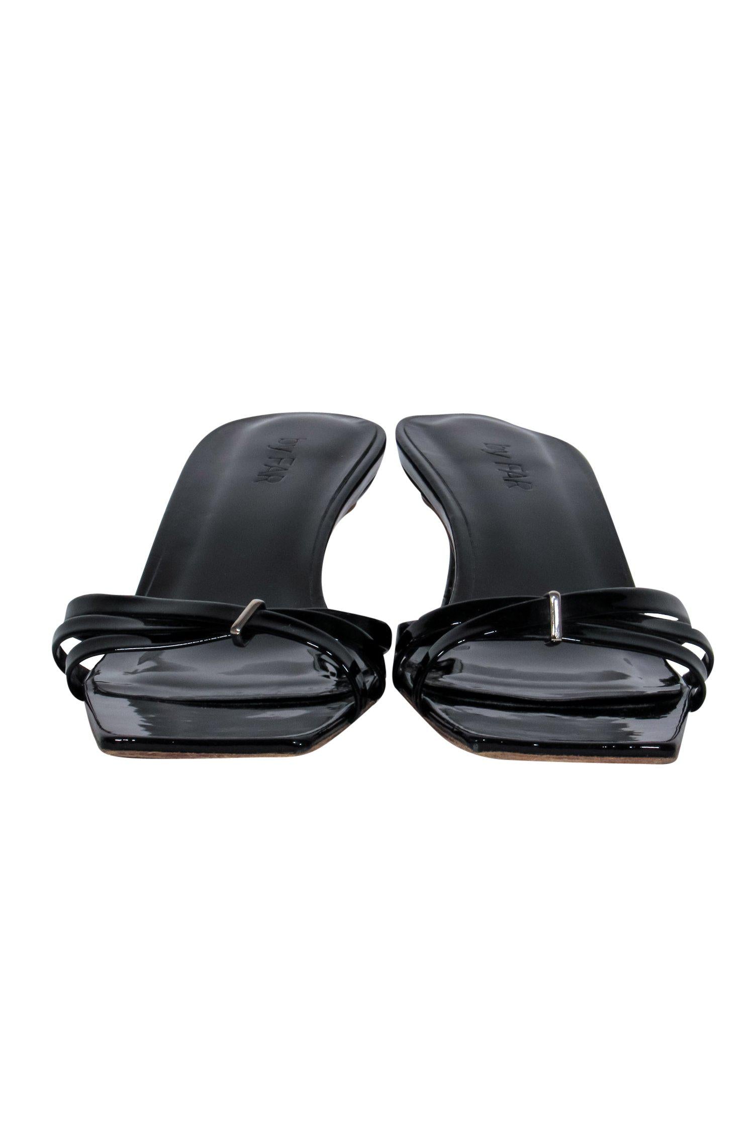 By Far - Stunning Black Patent Leather Square Toe Kitten Heel Sandals in Size 8