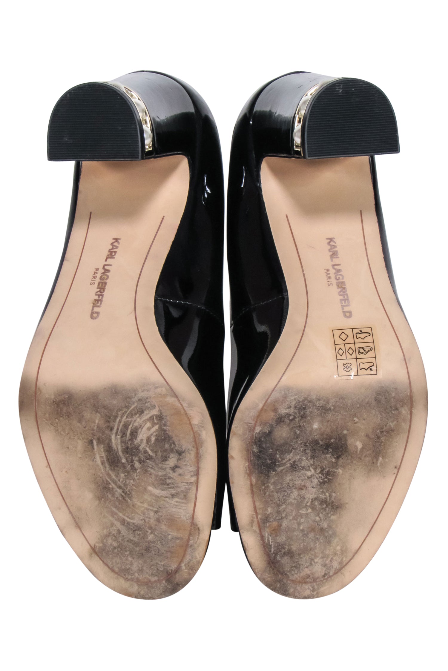 Karl Lagerfeld Black Patent Leather Pearl - Accented Peep - Toe Pumps (Size 7)