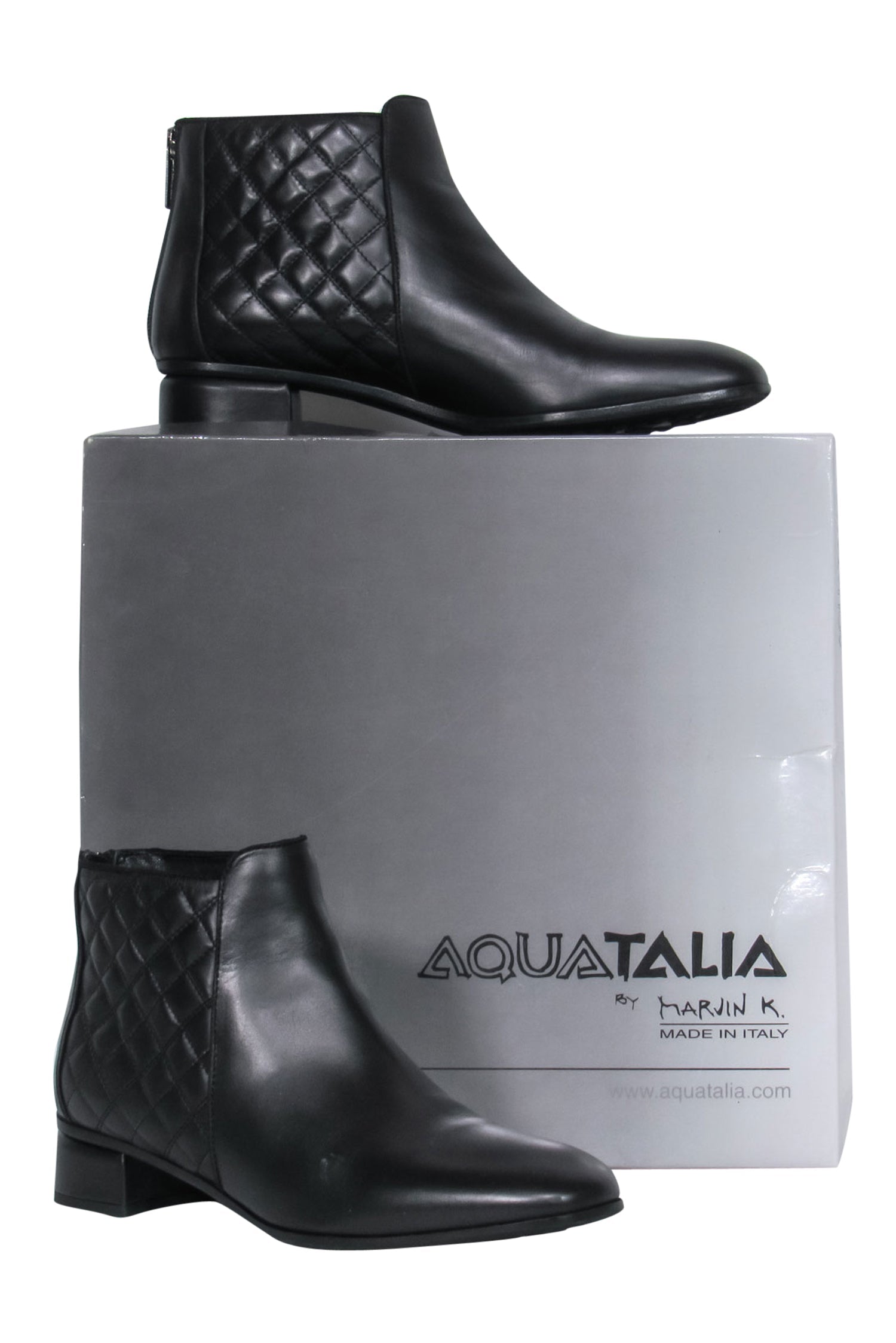 Aquatalia Black Leather Quilted Trim Block Heel Ankle Booties - Size 9