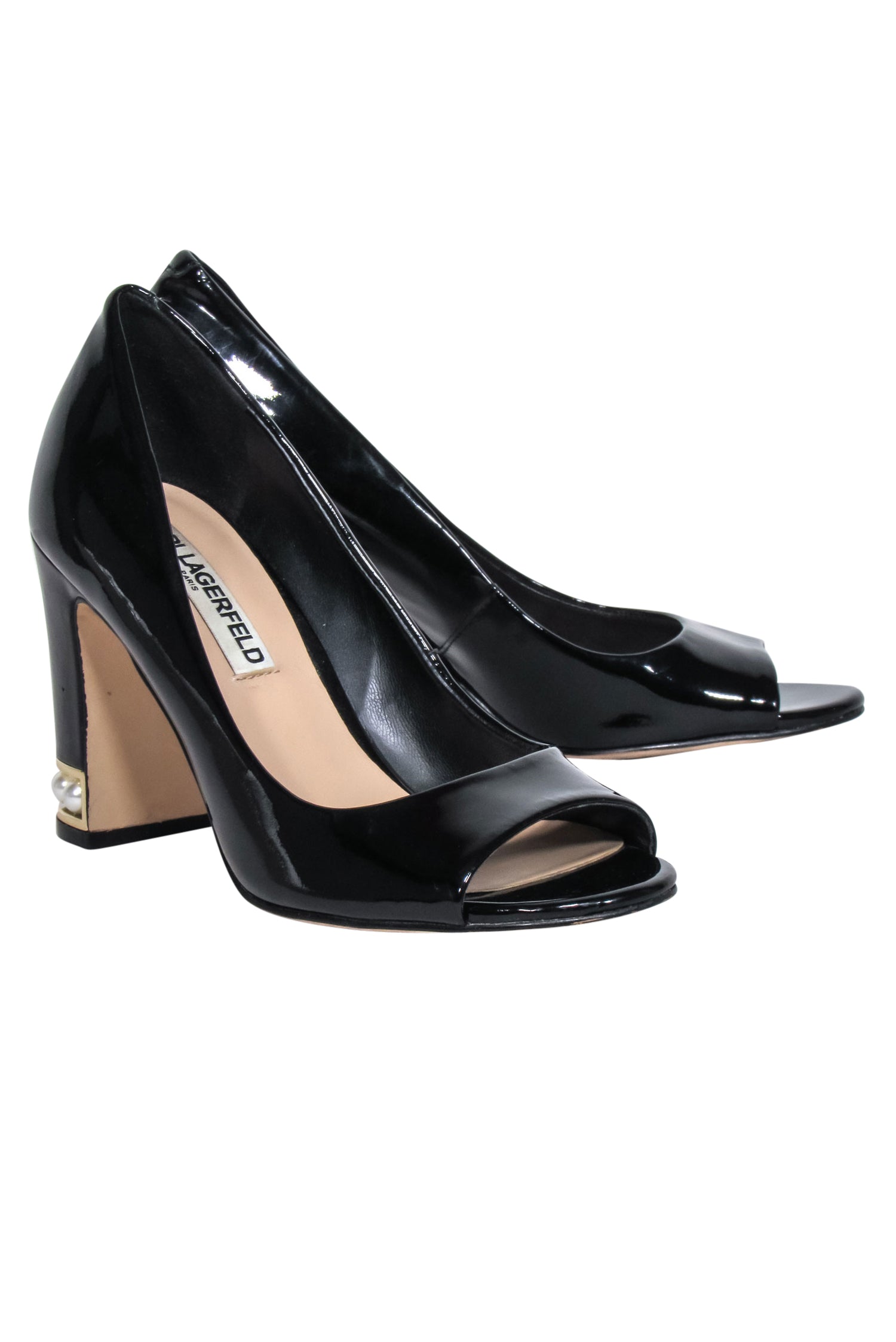 Karl Lagerfeld Black Patent Leather Pearl - Accented Peep - Toe Pumps (Size 7)