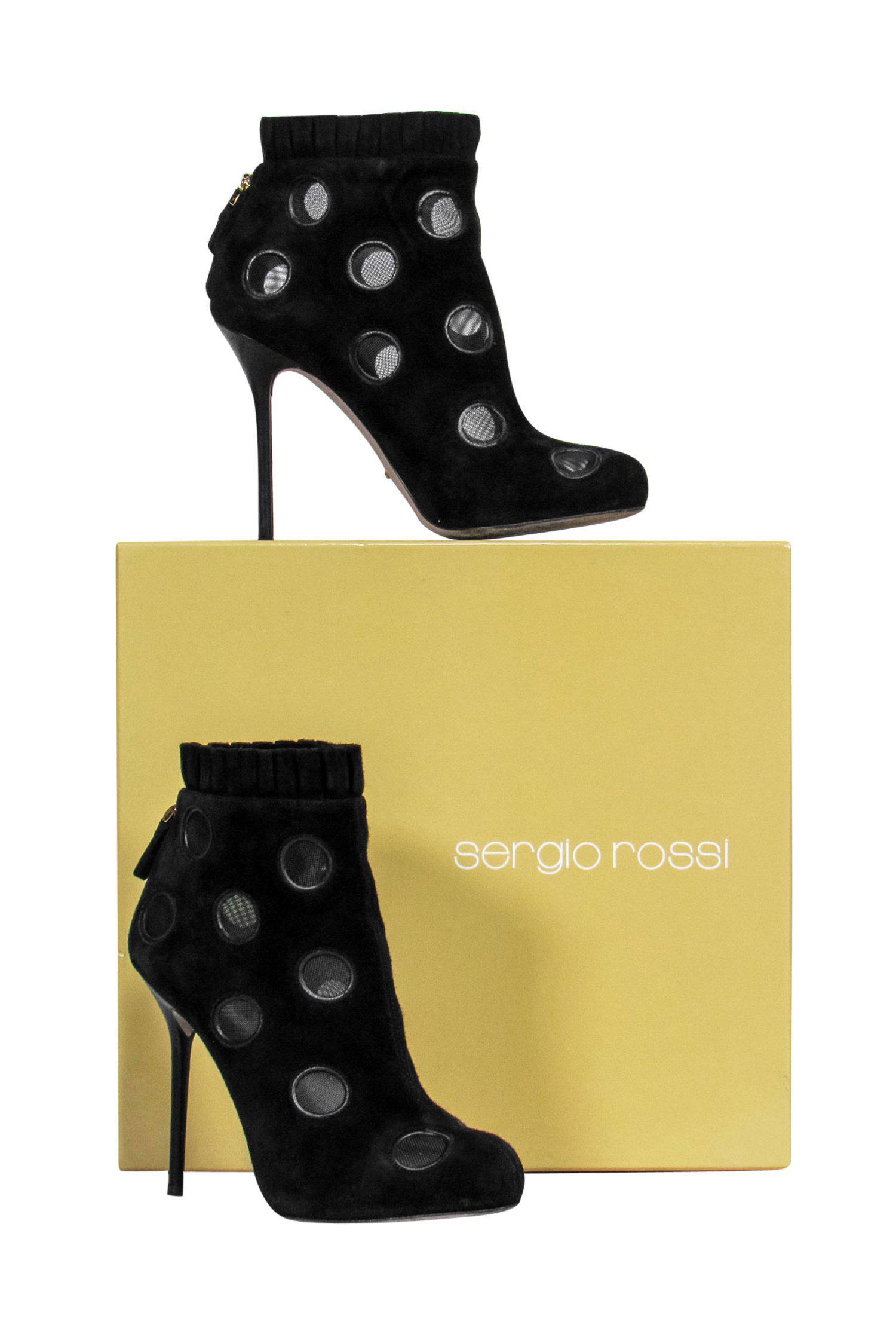 Sergio Rossi Black Suede Stiletto Booties with Mesh Polka Dot Design - Size 6