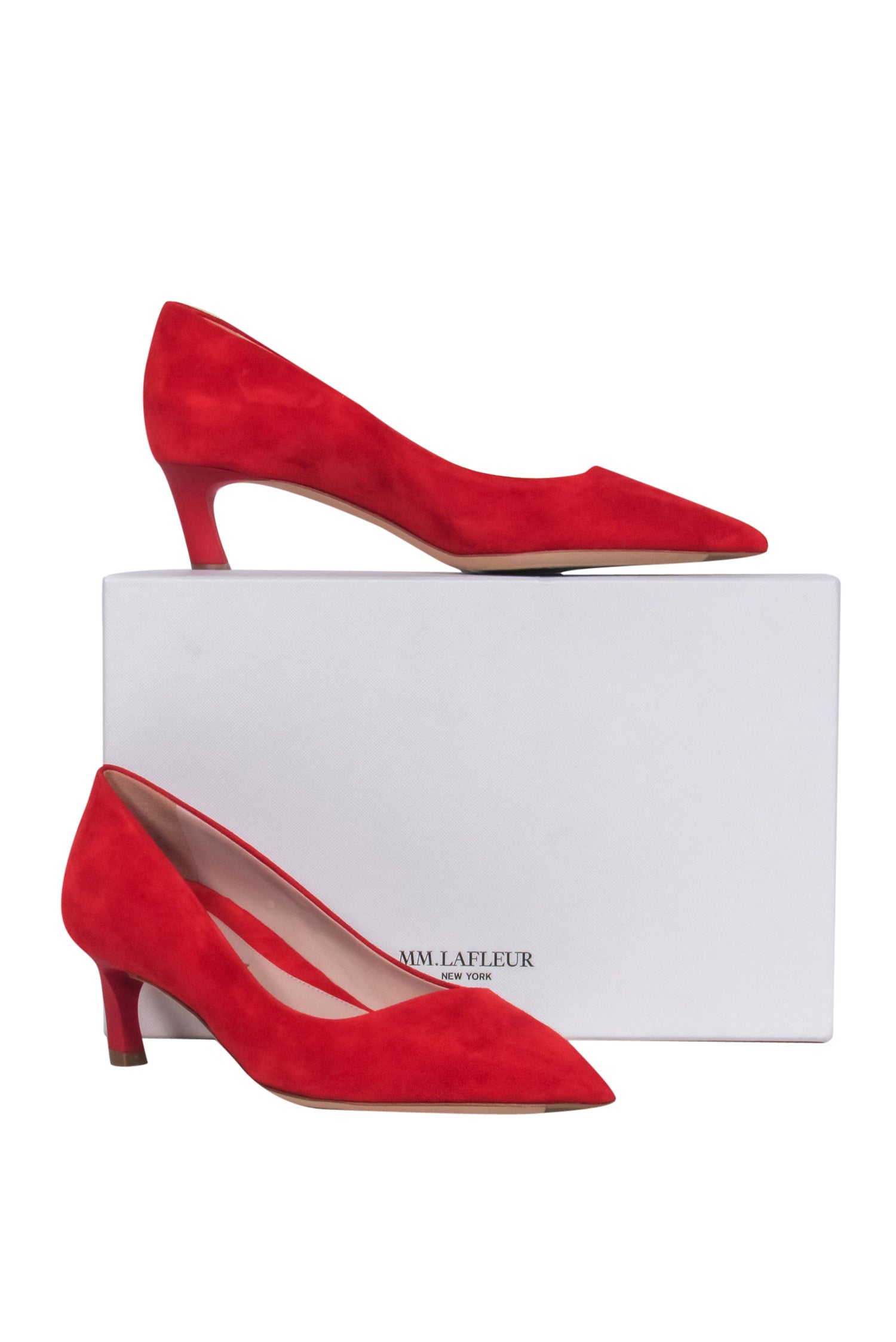 M.M.LaFleur's Stunning Red Suede Pointed Toe Kitten Heels - Size 6