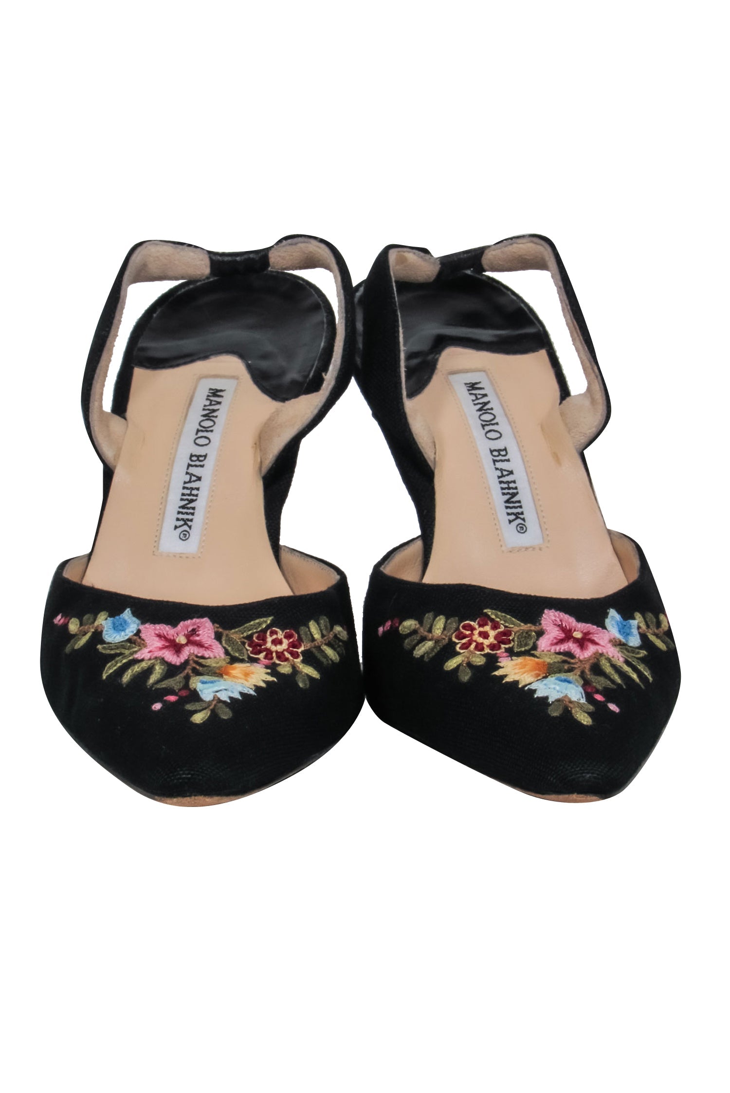 Manolo Blahnik - Stunning Black Multi - Color Floral Embroidery Slingback Heels Size 7
