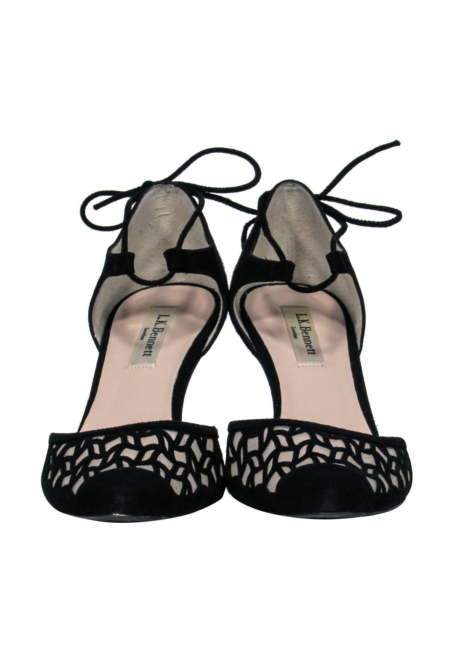 L.K. Bennett Black Suede & Mesh Pointed Toe Wrap Heels - Size 9.5 - Irresistible Elegance!