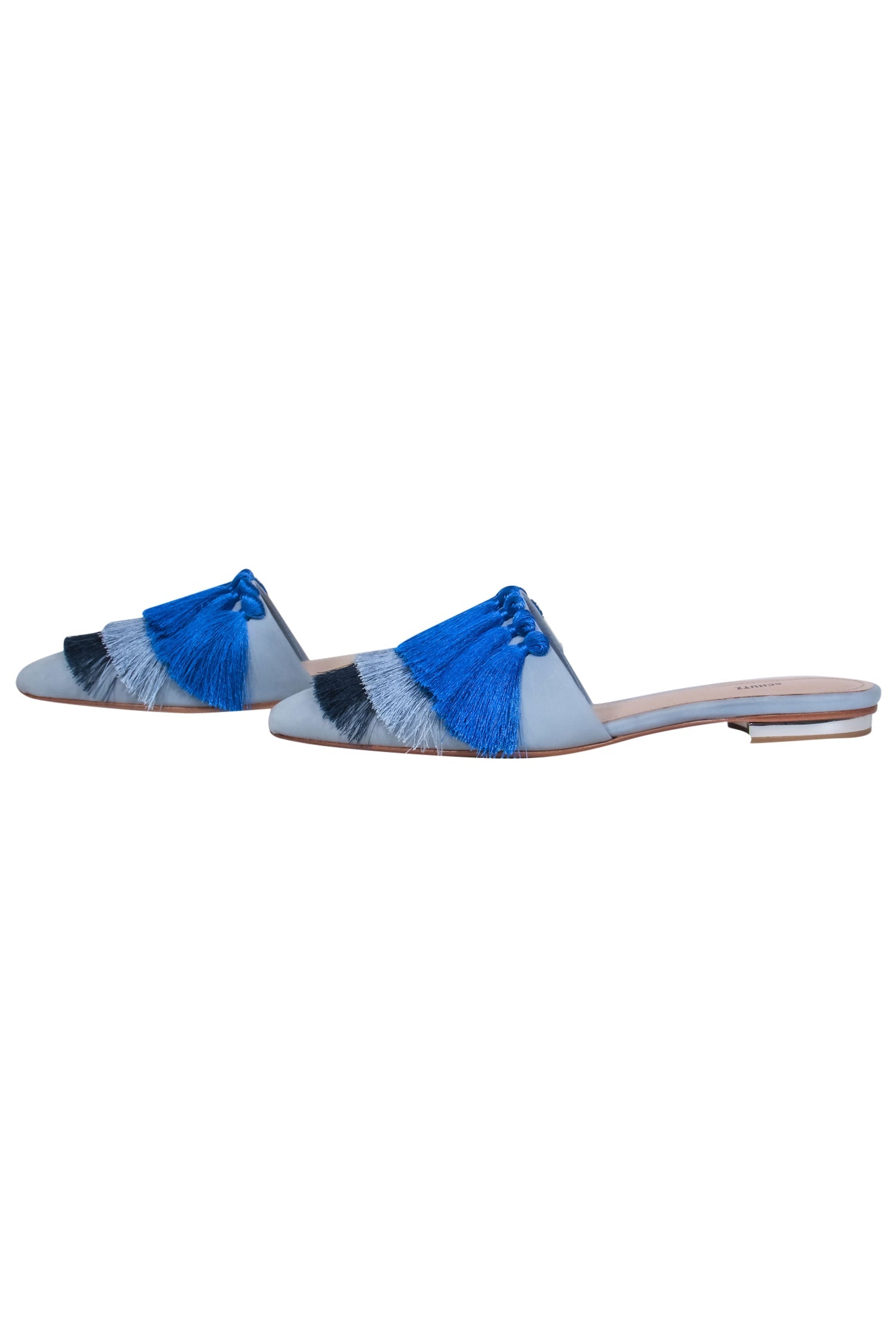 Schutz Light Blue Leather Fringed Pointed-Toe Mules - Size 8.5
