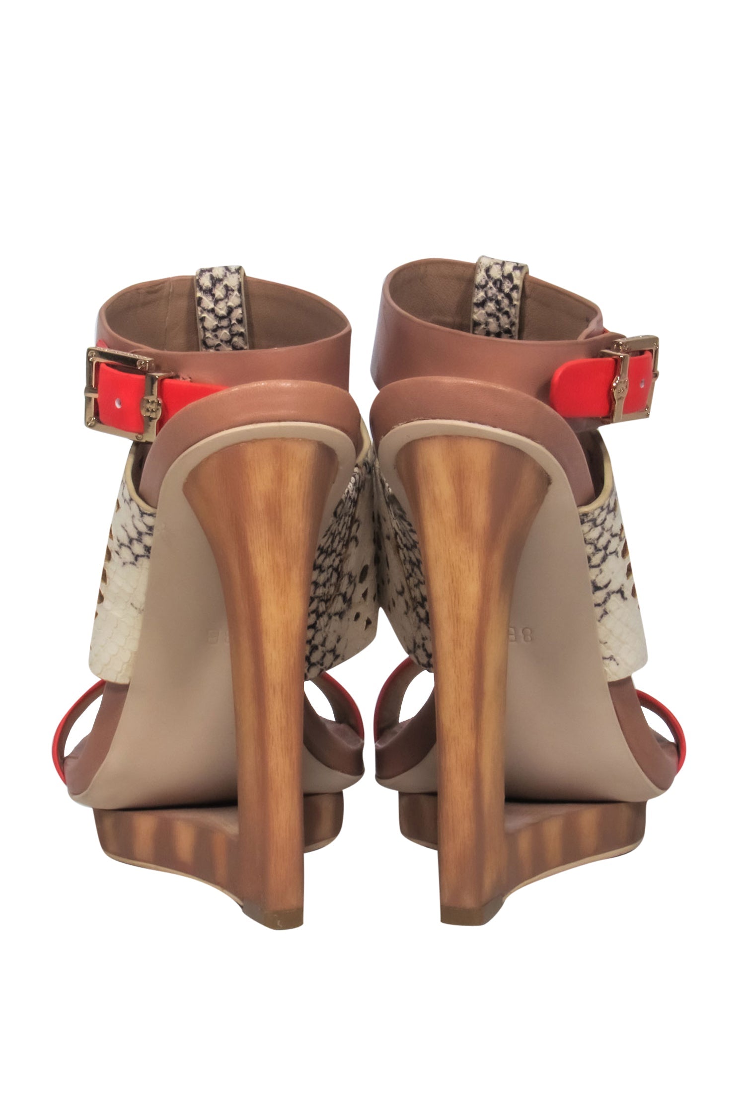 BCBG Max Azria - Stunning Orange & Snake Print Open Toe Wooden Hollow Wedge in Size 8