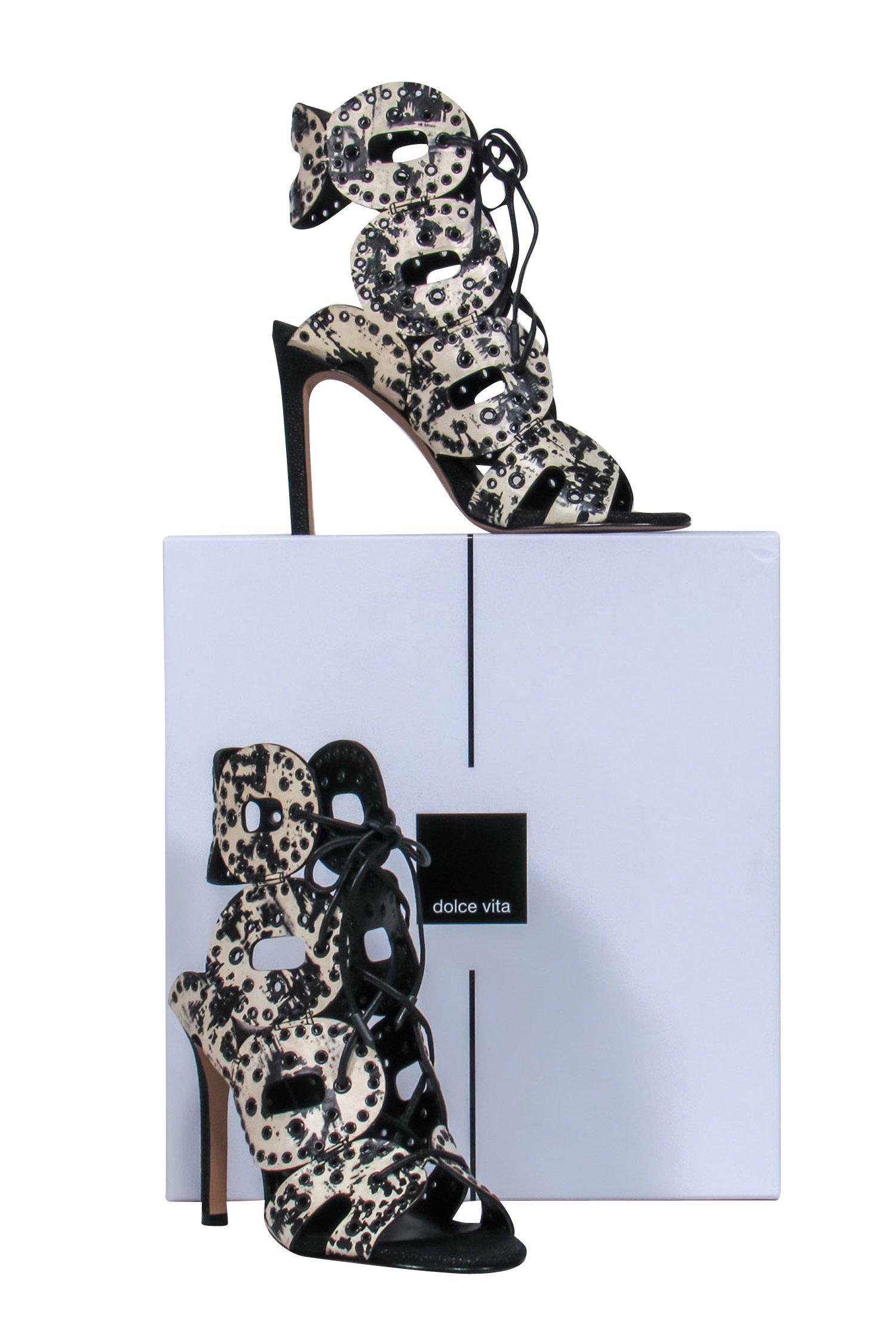 Dolce Vita - Stunning Black & Cream Crackled Cutout Lace - Up Stilettos Size 6