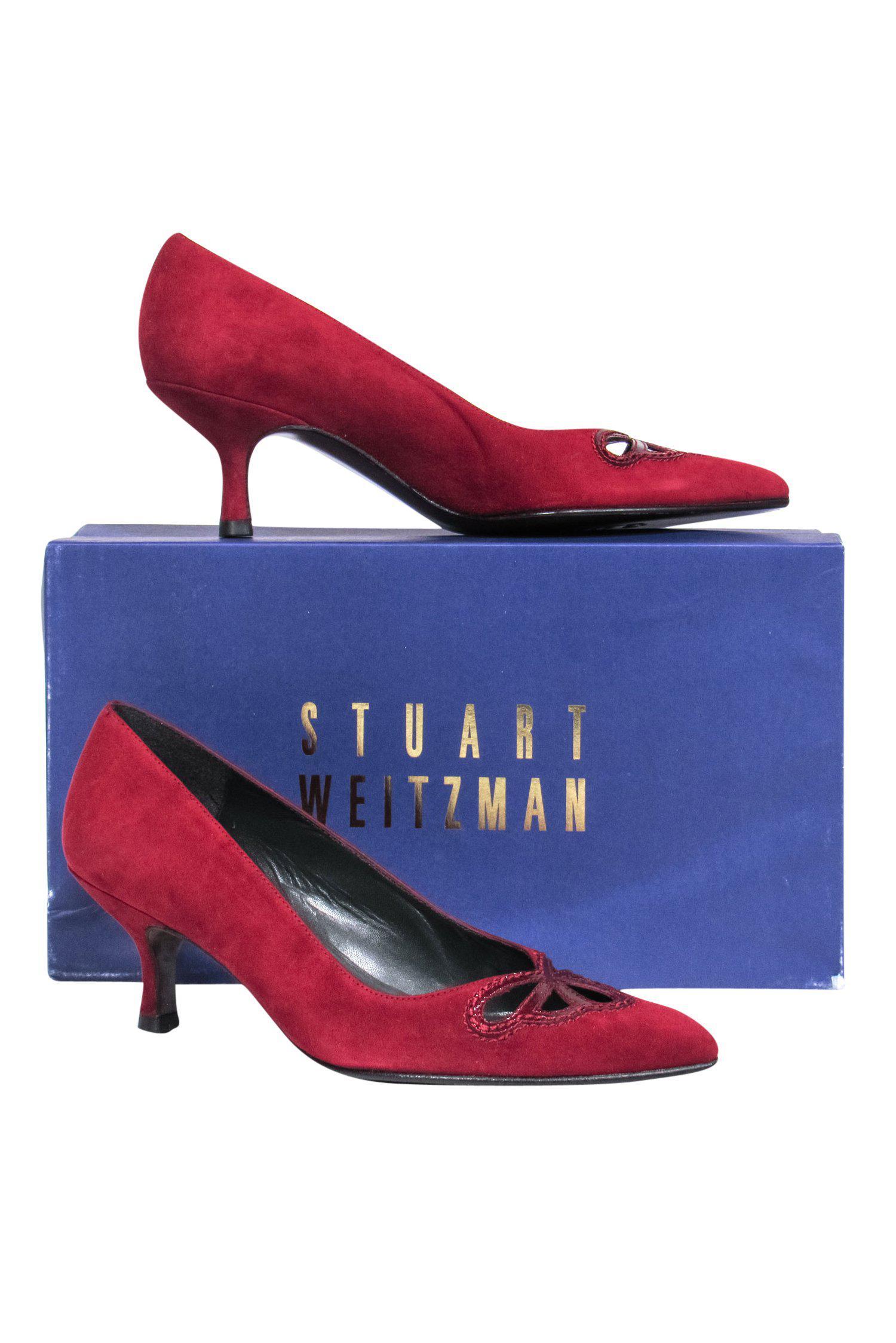 Stunning Stuart Weitzman Red Suede Pointed-Toe Kitten Heels with Cutouts - Size 6