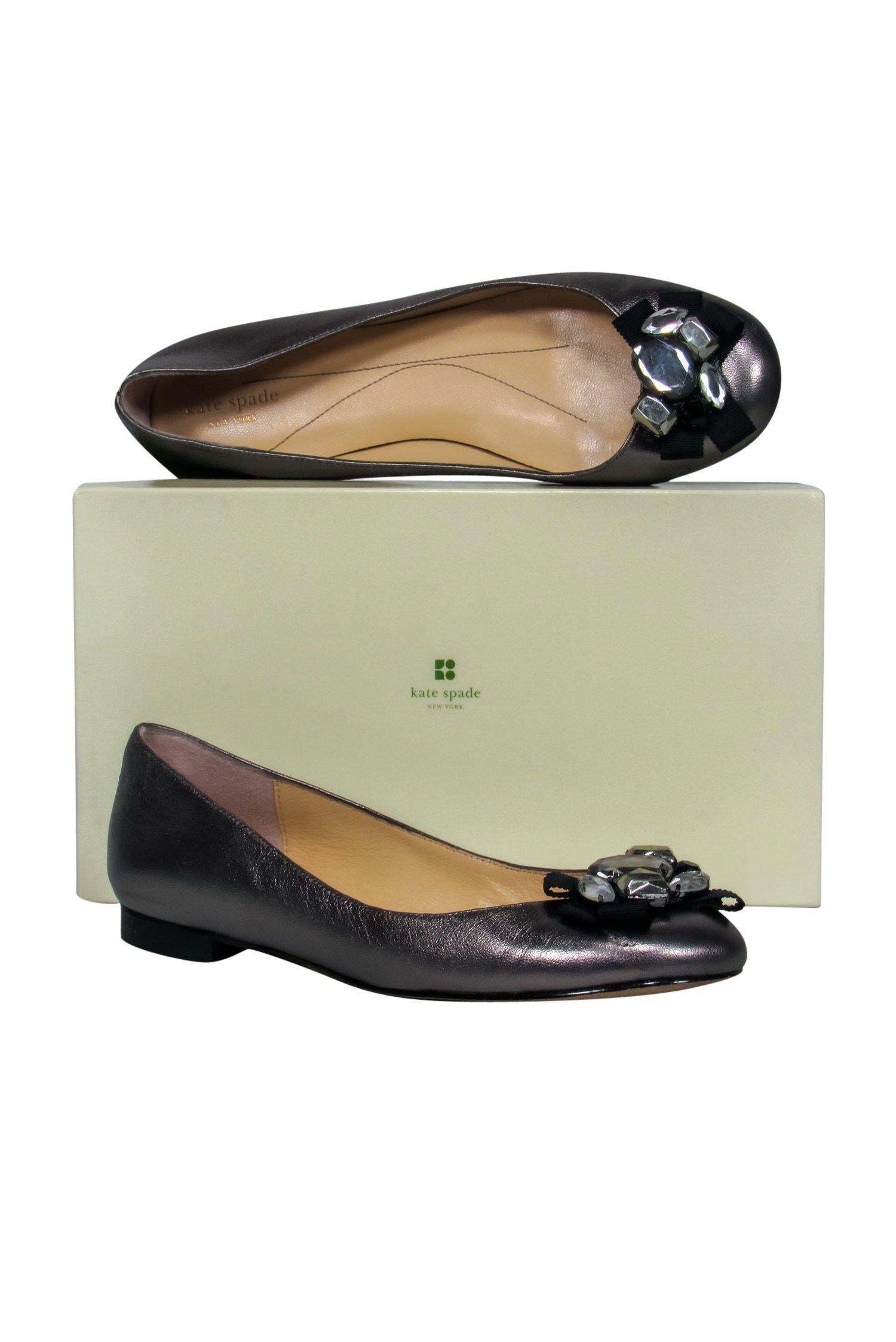 Kate Spade Glamorous Gunmetal Leather Flats with Bows and Rhinestones - Size 9