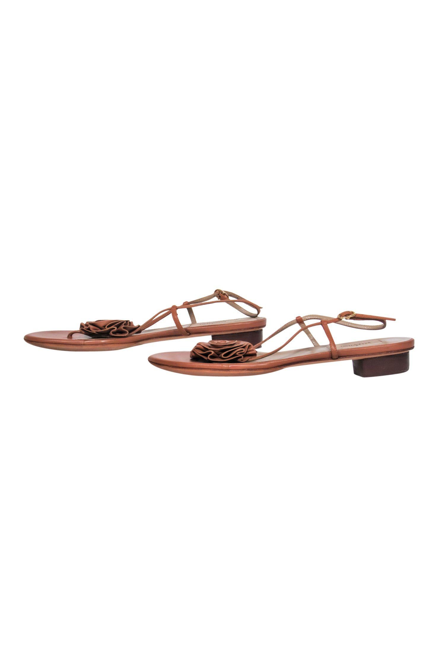Valentino's Stunning Brown Leather Strappy Heeled Sandals with Rosette Design - Size 9