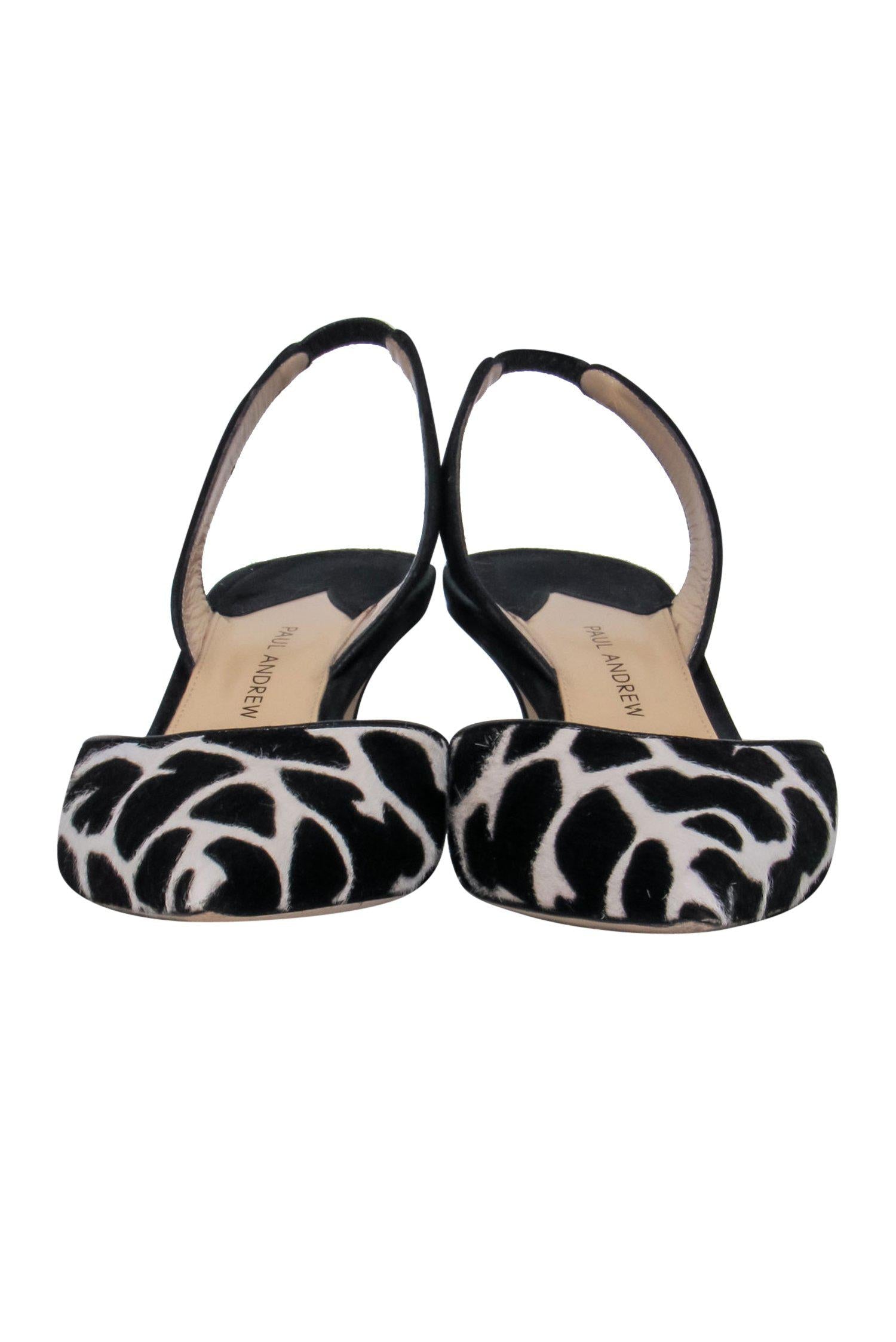 Paul Andrew's Stunning Black & White Giraffe Print Calf Hair Slingback Kitten Pumps - Size 7.5