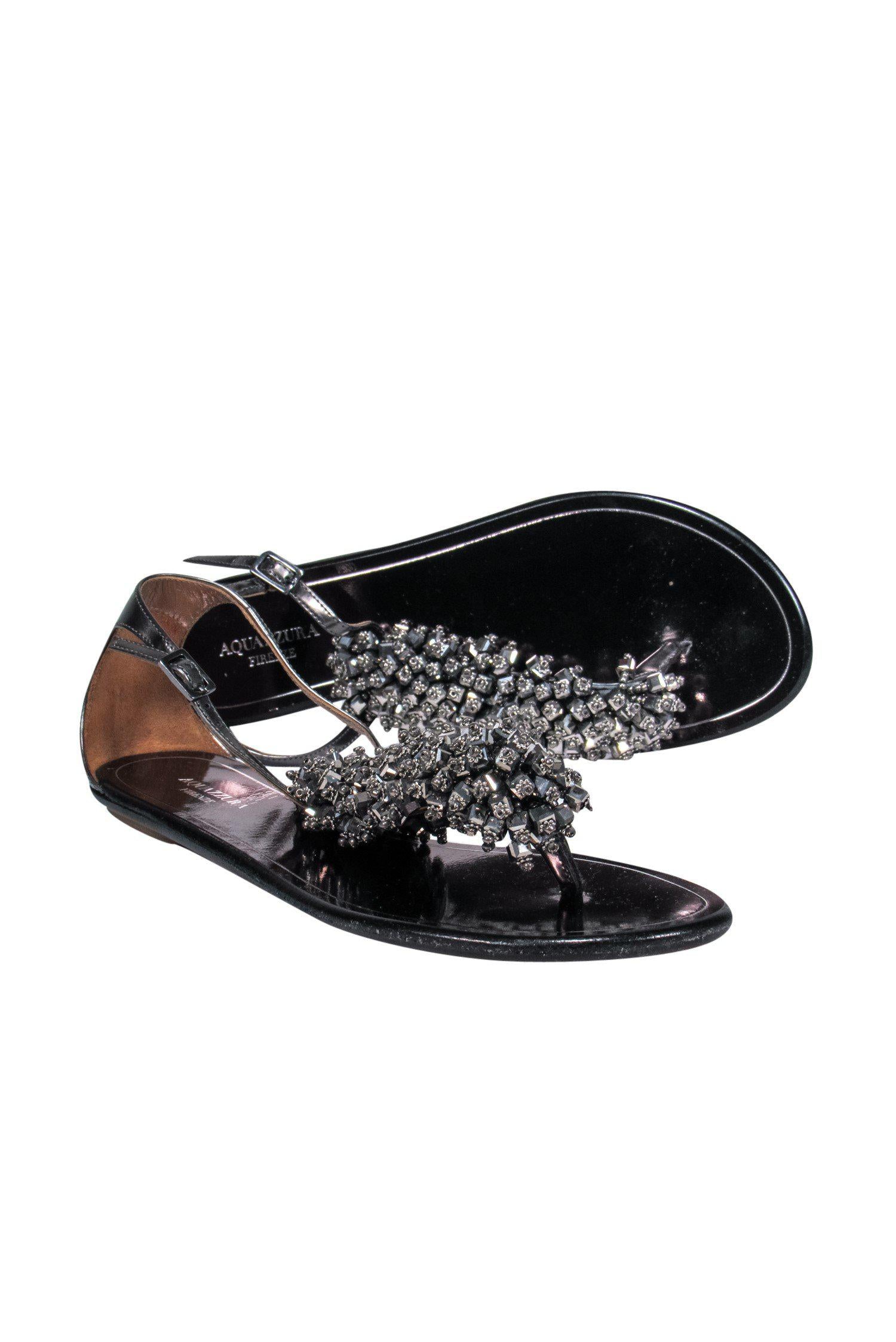 Aquazzura Black Shiny Beaded Leather Sandals - Size 6
