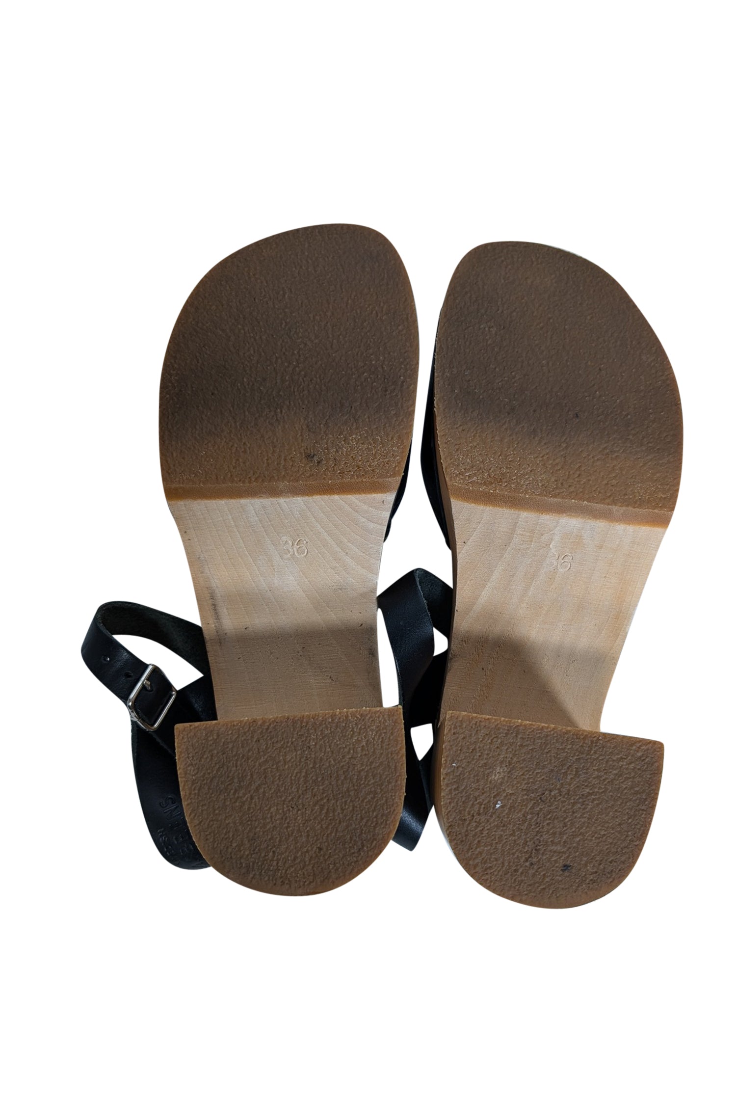 Swedish Hasbeens Black Leather Strappy Wooden Clog Sandals - Size 6