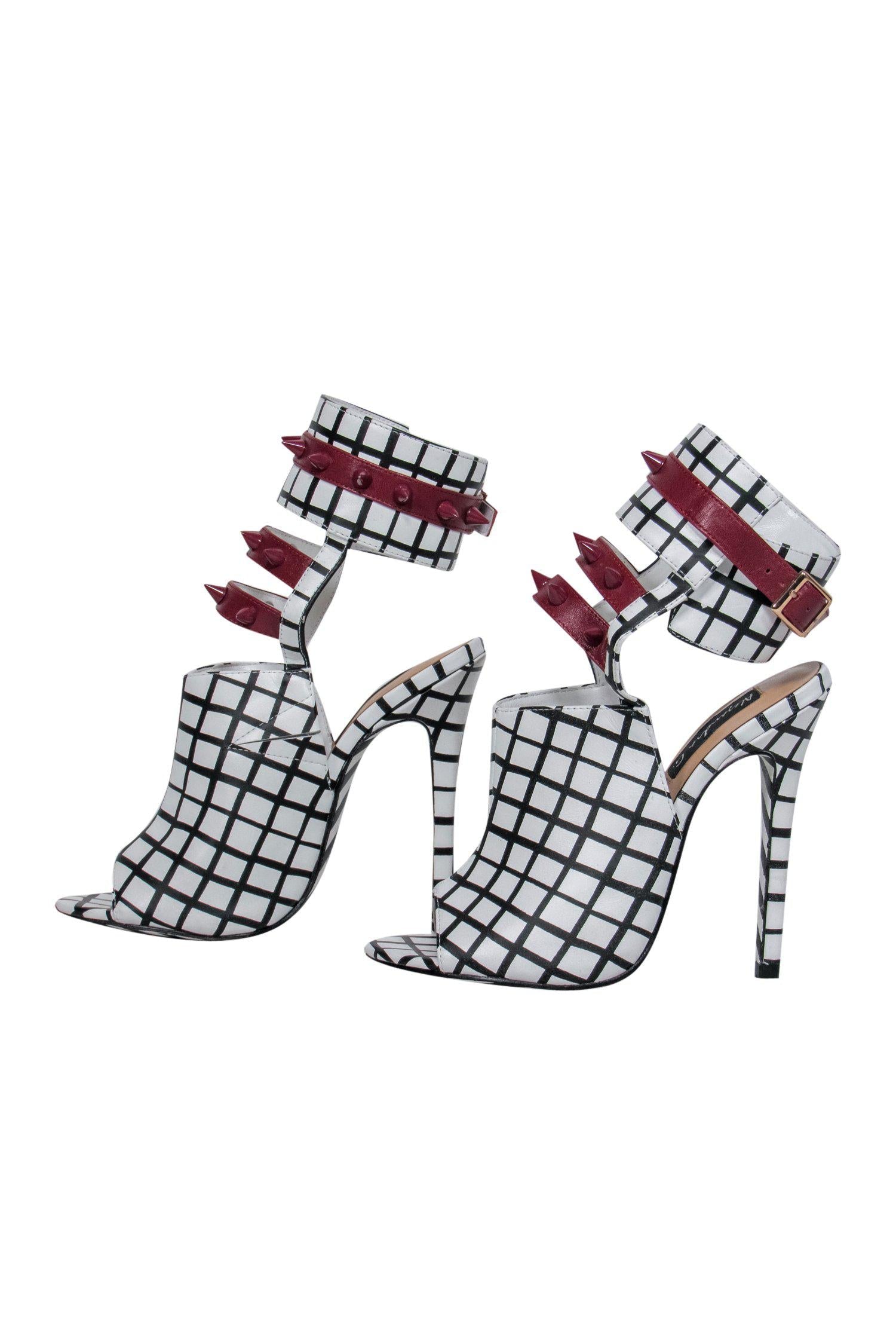 Alejandra G. - Striking White & Black Grid Print Caged Fiona Stilettos with Maroon Spiked Trim - Size 6