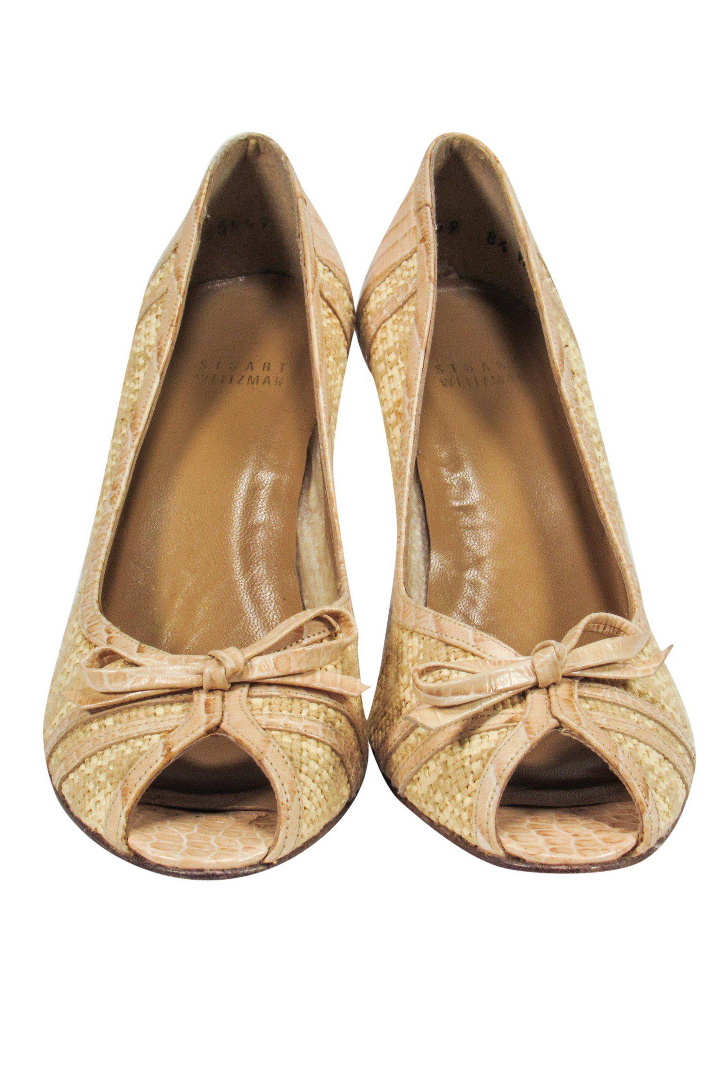 Stuart Weitzman - Chic Tan Wicker Woven Peep-Toe Pumps, Size 8.5