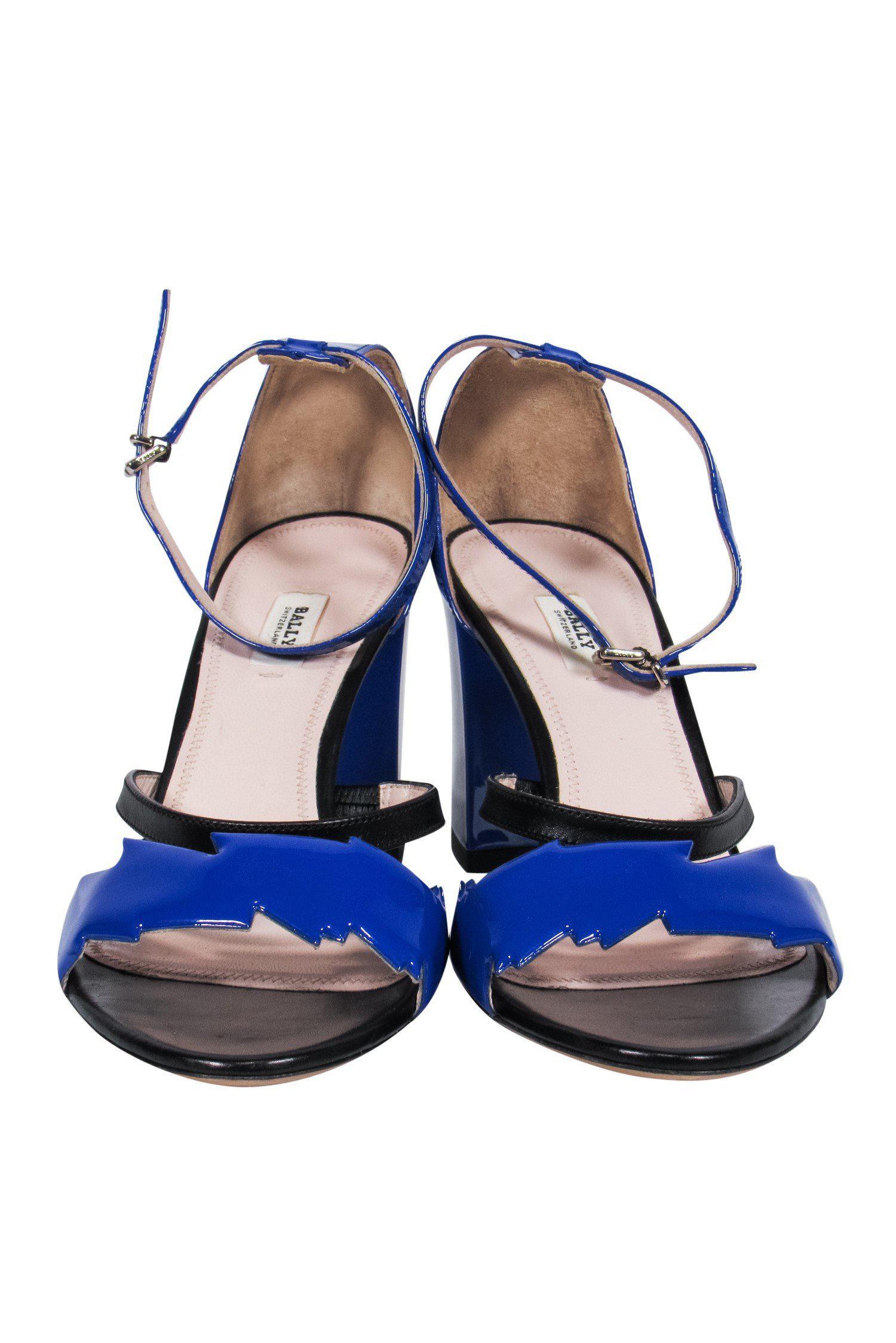 Bally's Stunning Patent Blue & Black Thunderbolt Strappy Sandals - Size 10.5