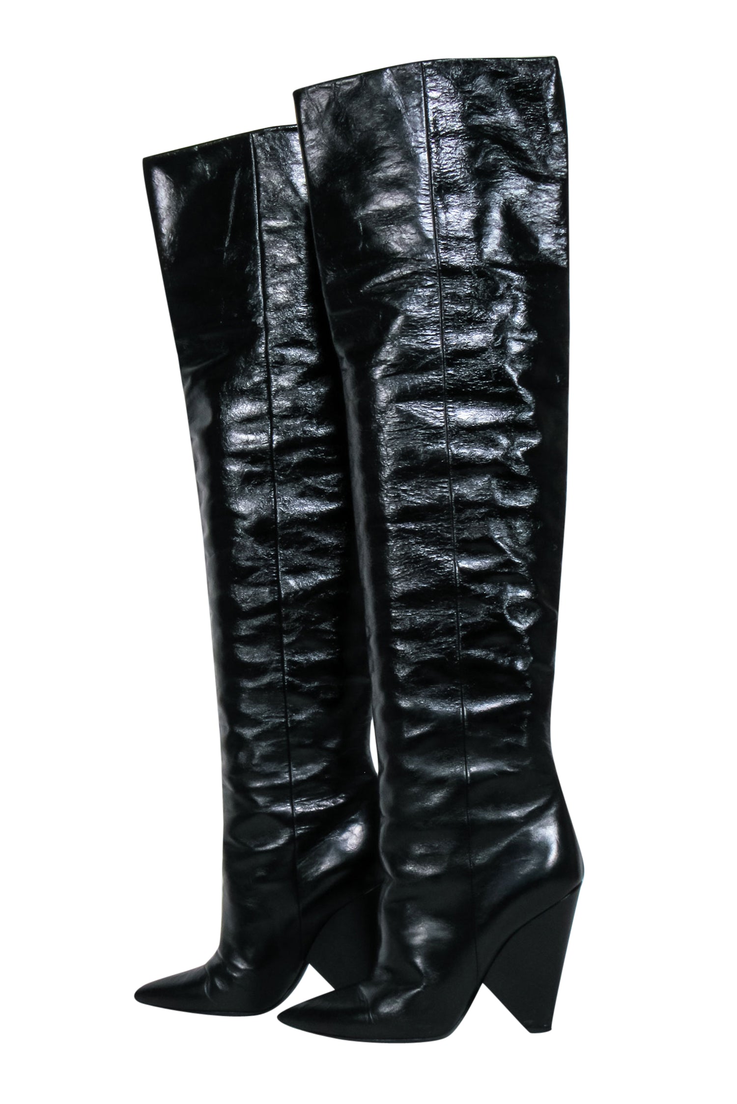 Saint Laurent Black Crinkle Leather Over-the-Knee Boots - Size 8