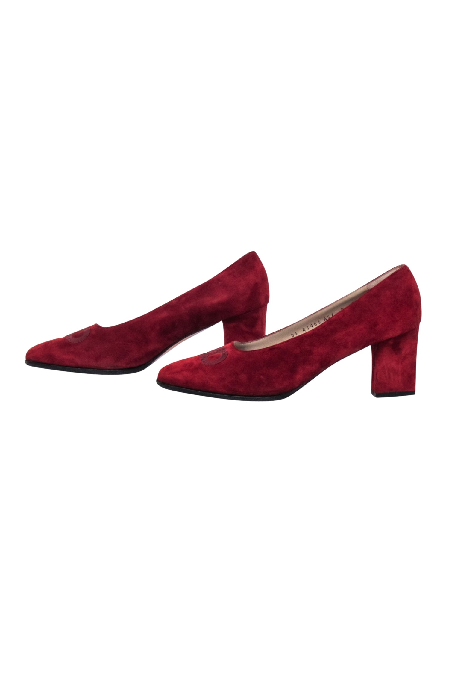 Ferragamo Red Calf Suede Pumps with Logo Stitching - Size 9.0