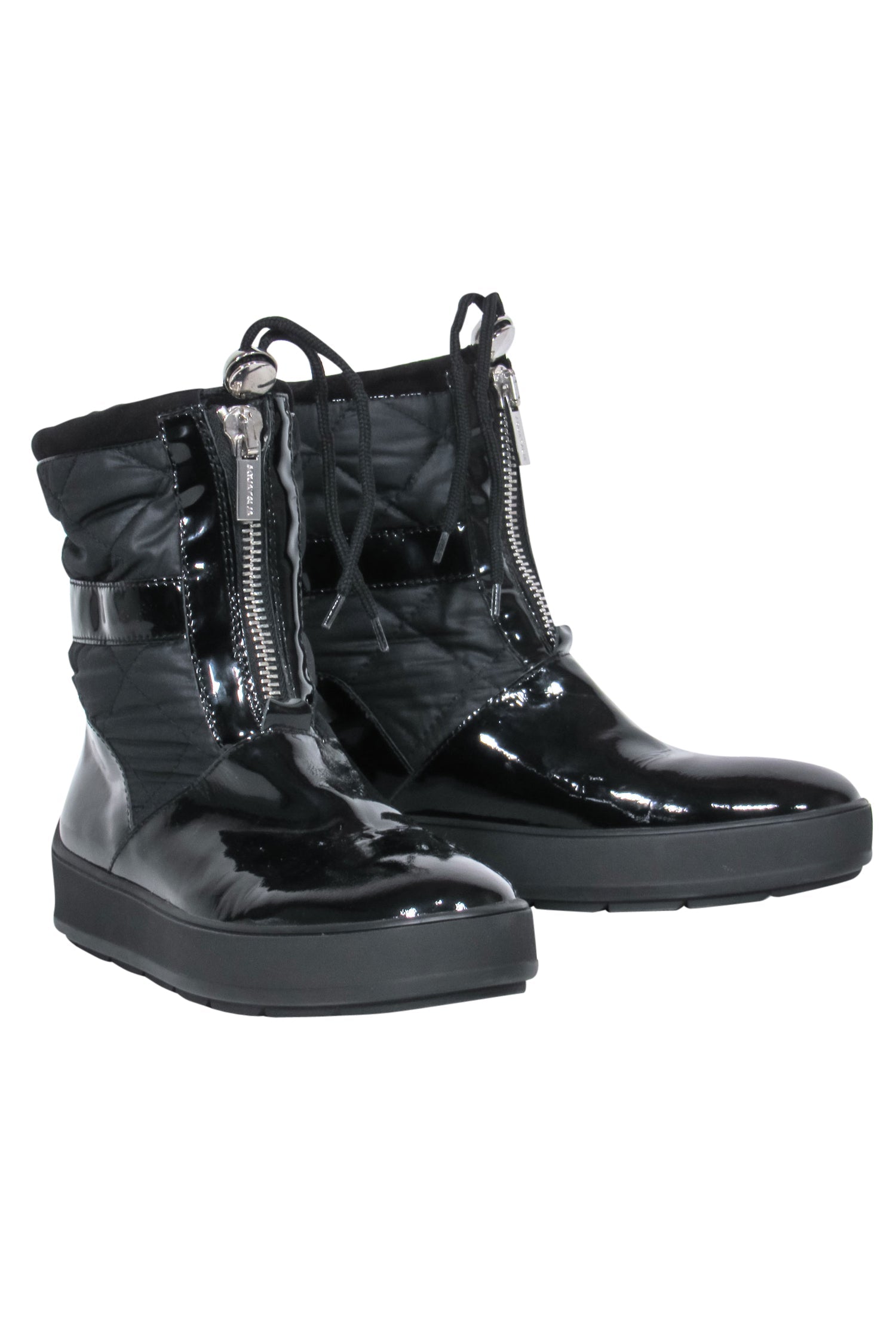 Aquatalia's Stunning Black Patent Leather & Quilted Zippered Snow Boots - Size 7.5