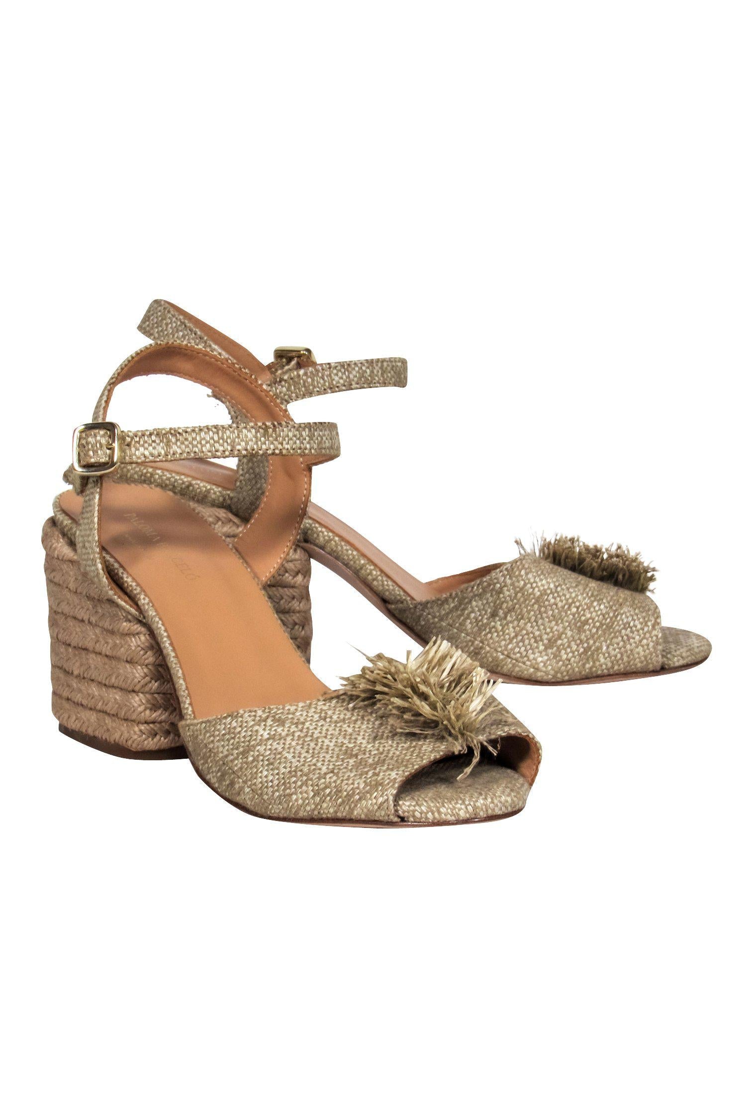 Paloma Barcelo Beige Woven Fringed Block Heels - Size 8.5, A Tropical Fashion Must-Have!