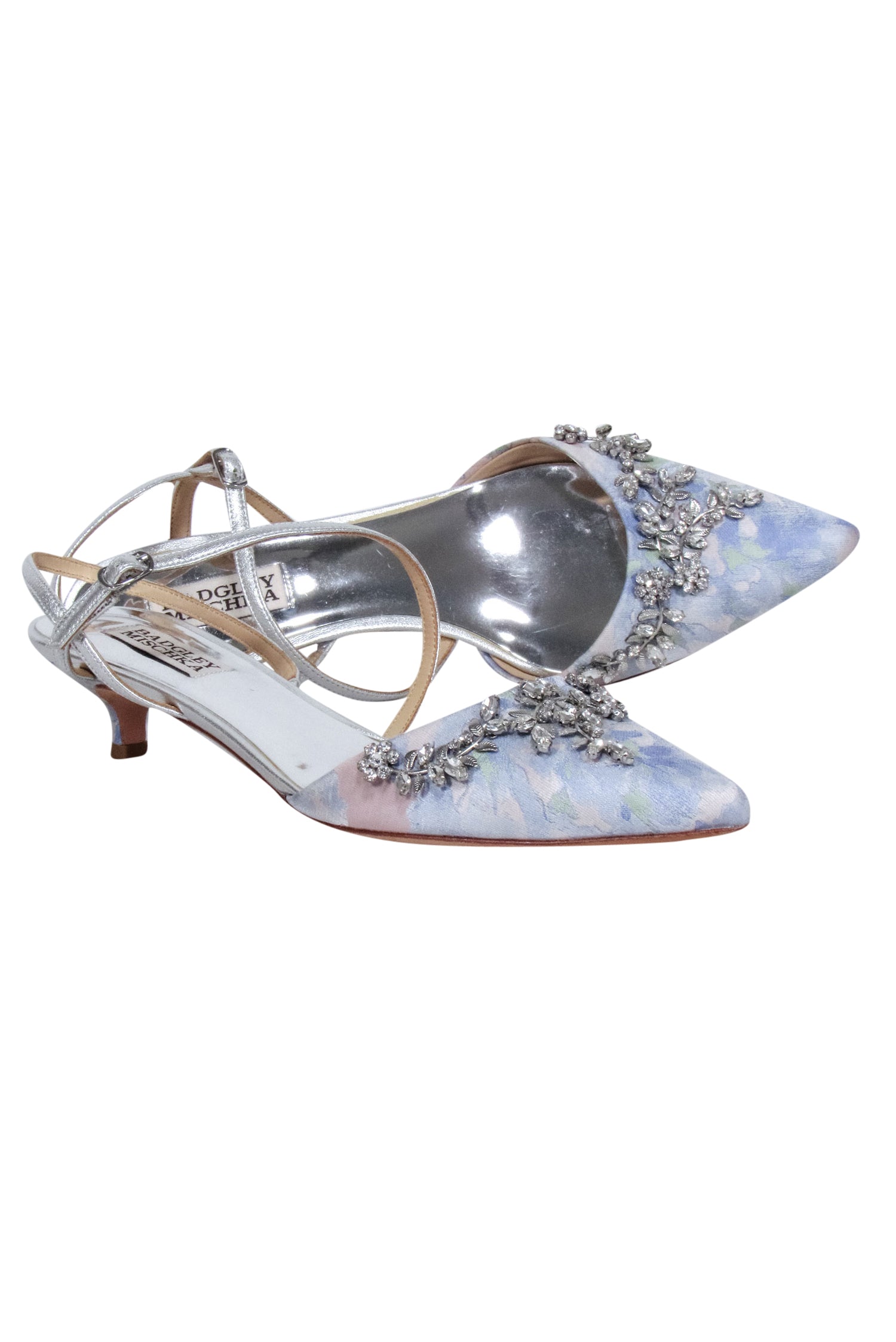 Badgley Mischka Blue Floral Brocade Strappy Jewel-Trim Pointed Toe Pumps - Size 8