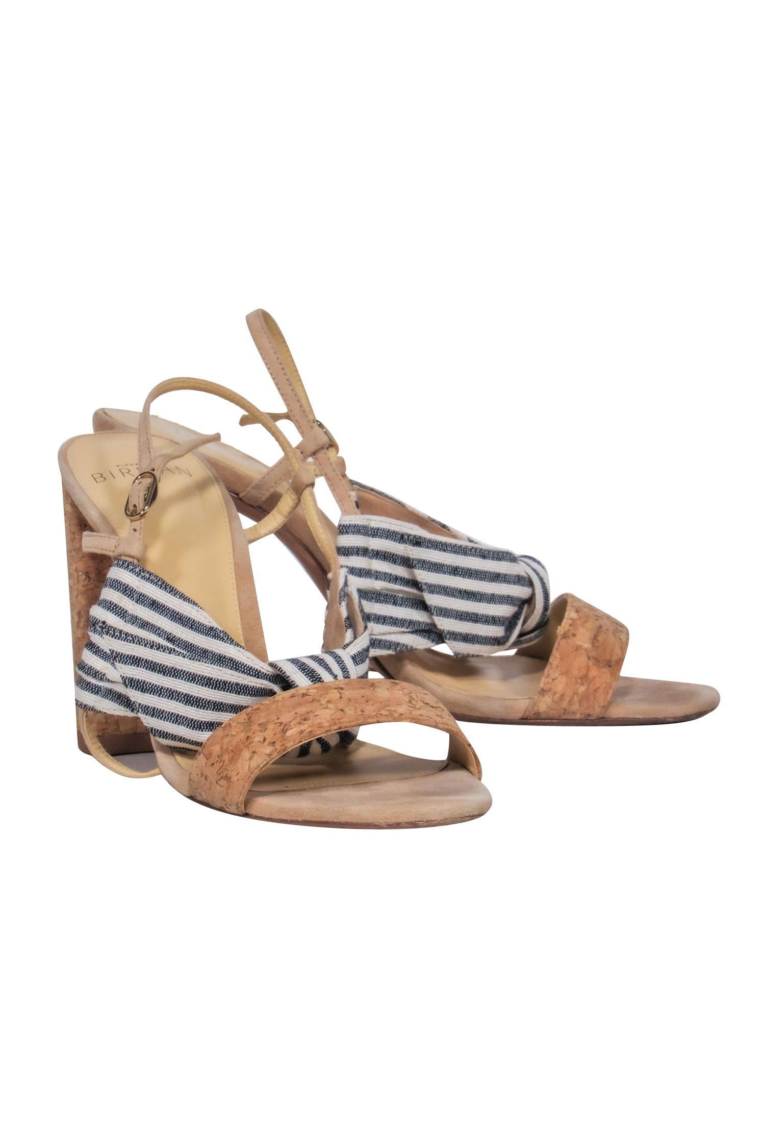 Alexandre Birman - Stylish Beige Cork Strappy Pumps with Navy & White Striped Bow, Size 7