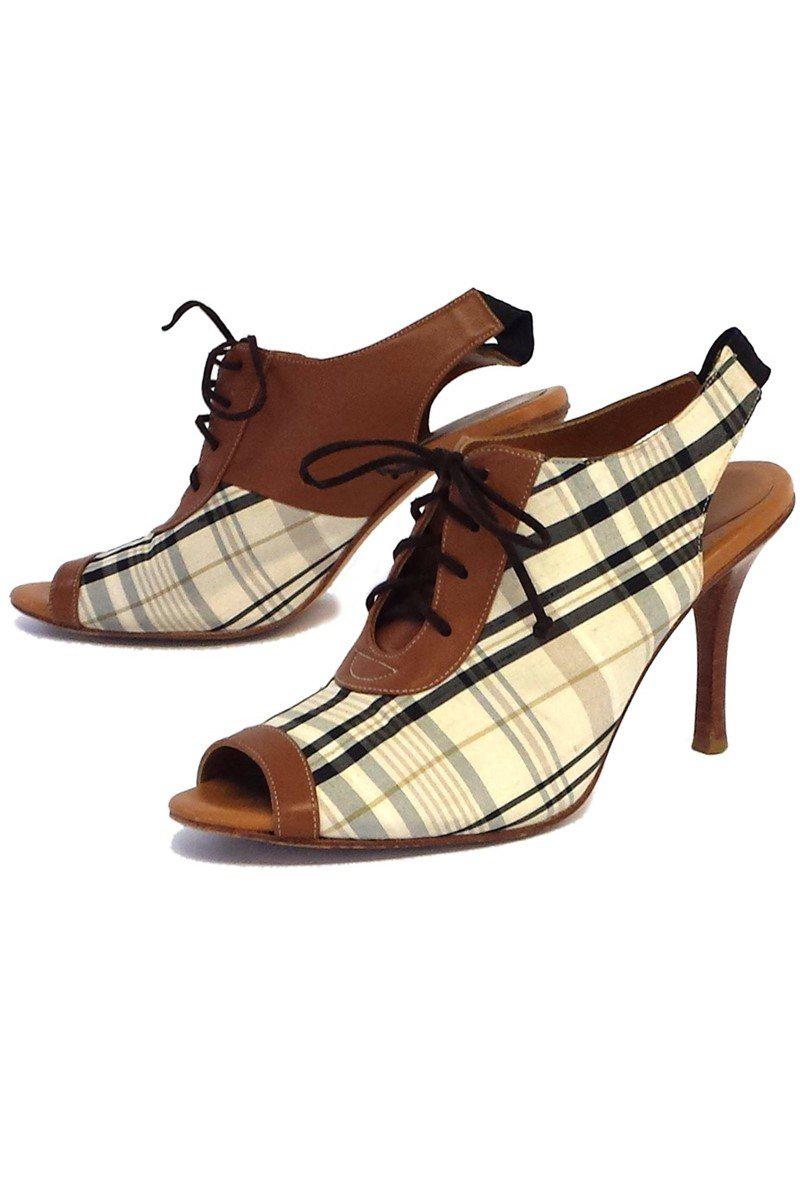 Olivia Rose Tal: Stylish Plaid & Leather Lace - Up Slingback Heels in Size 7