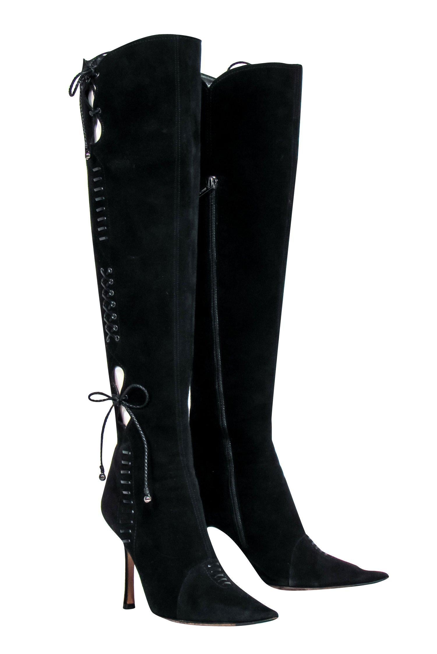 Jimmy Choo Black Suede Over-the-Knee Heeled Boots - Size 7.5, Stylish Lace-Up Design