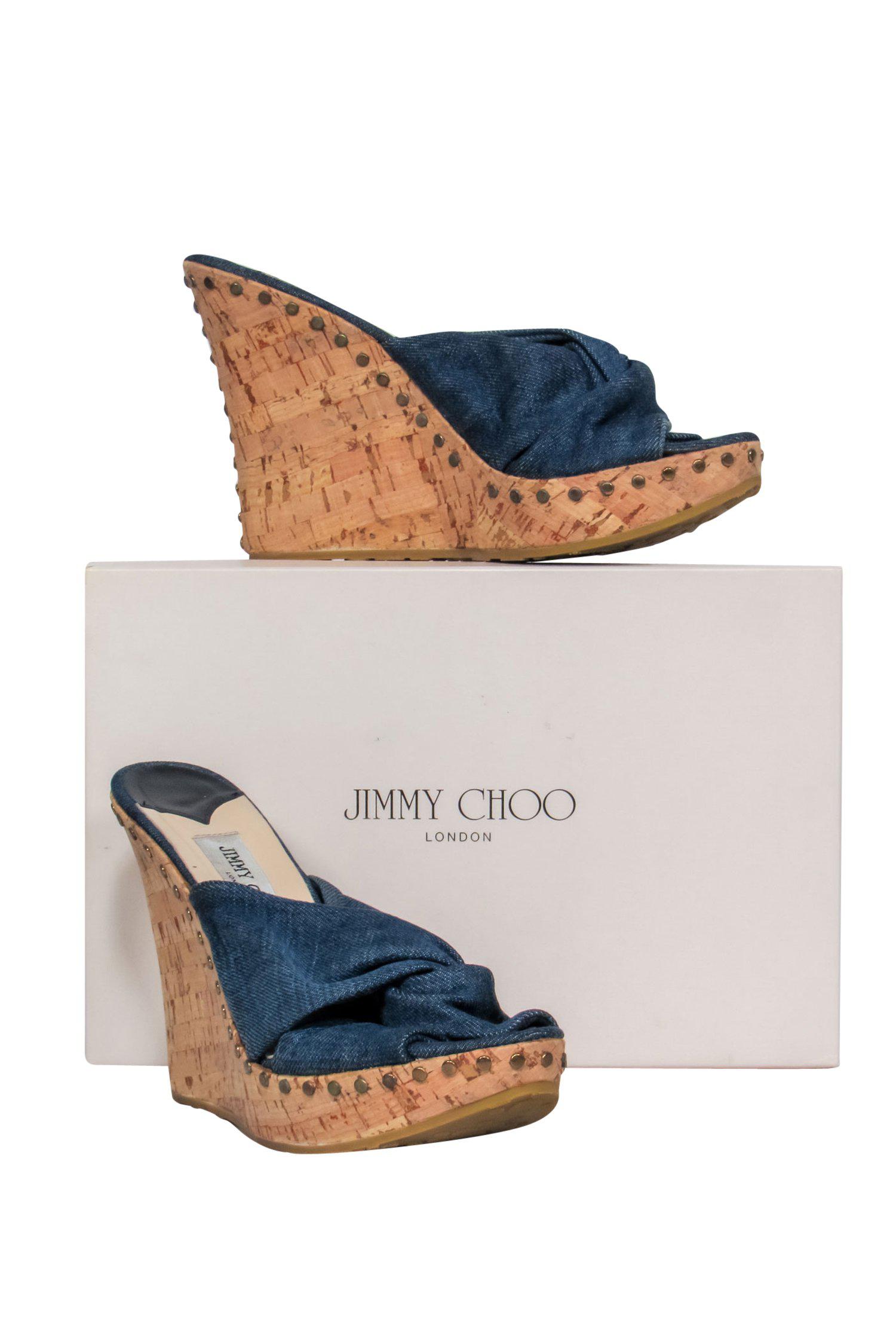 Jimmy Choo Denim Knotted Open Toe Cork Platform Palm Wedges - Size 11: A Summer Must-Have!