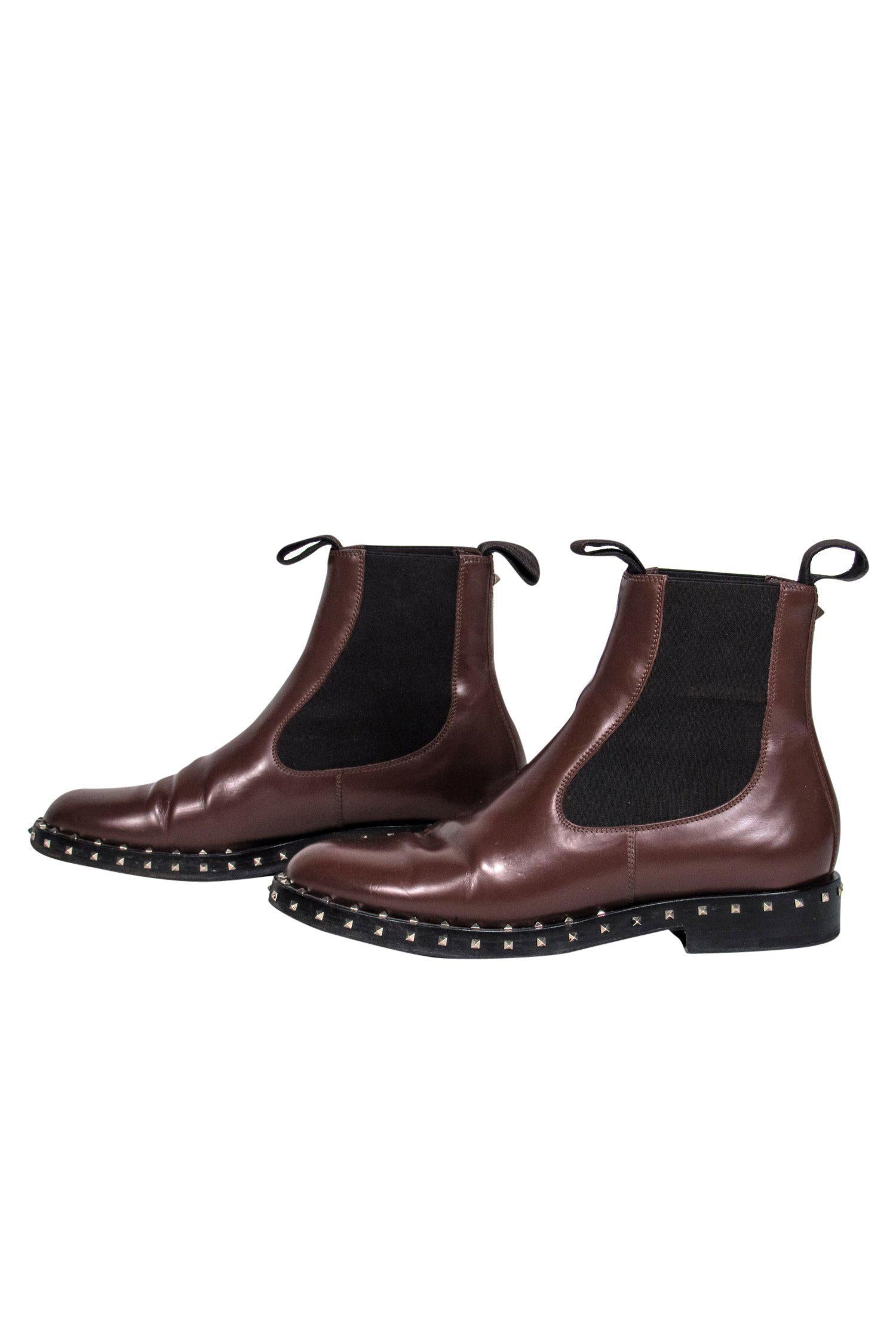 Valentino Brown Studded Leather Chelsea Booties - Size 6.5