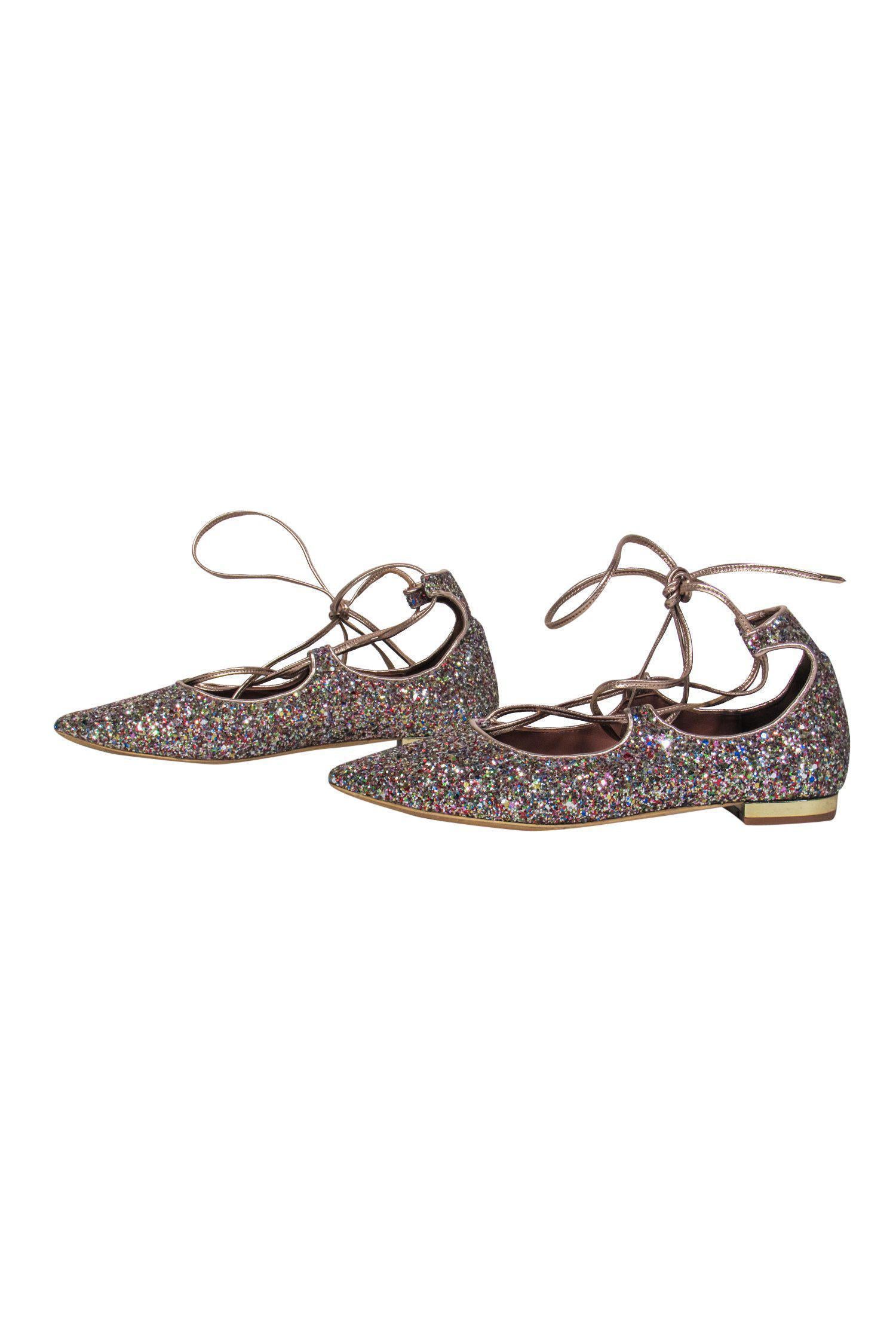 Aquazzura Multicolored Sequin Lace - Up Party Flats Size 6