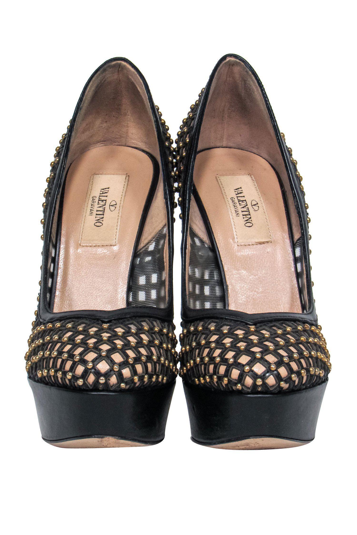 Valentino Glam! Black & Beige Mesh Gold Studded Platform Pumps - Size 7