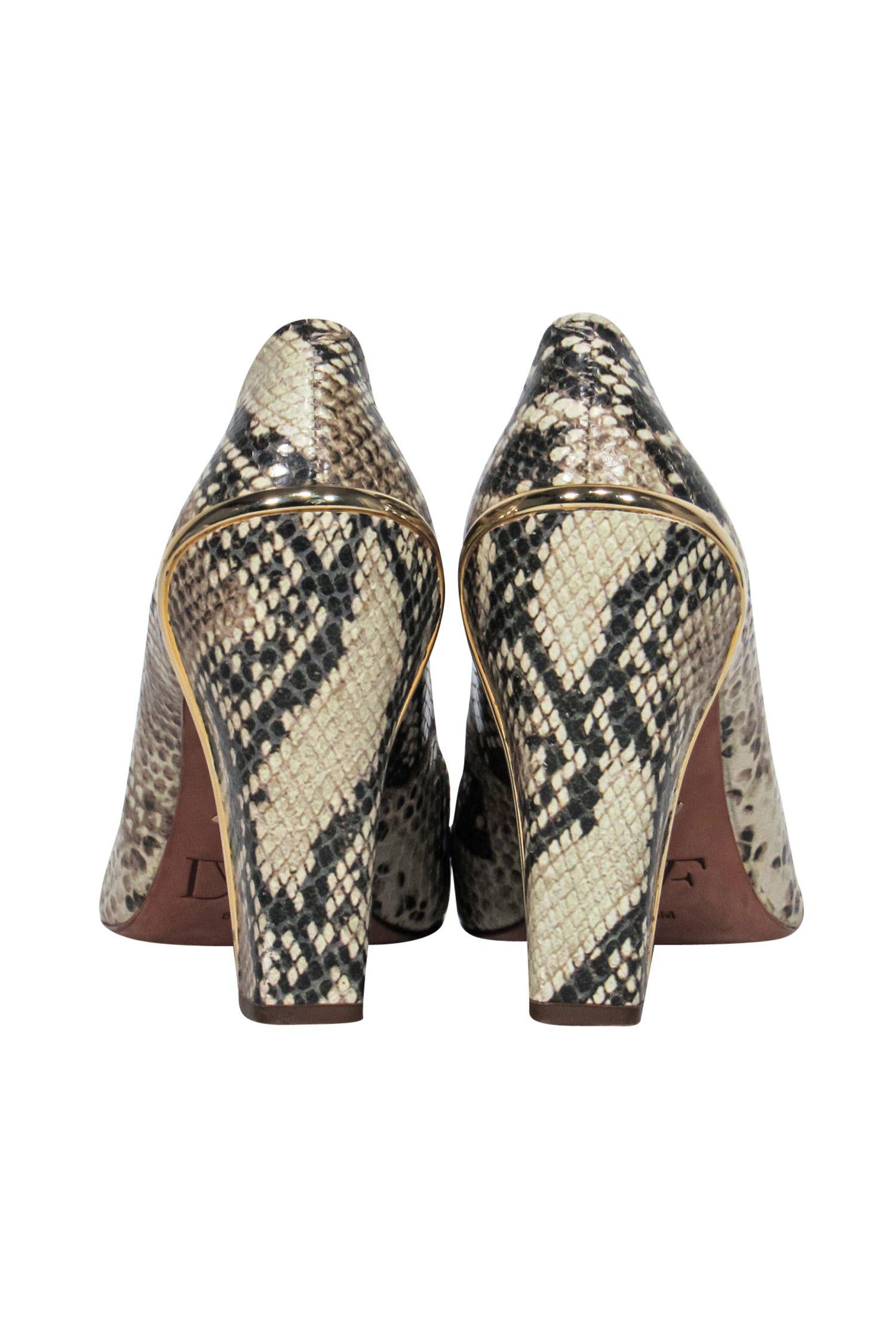Diane von Furstenberg's Stunning Beige Snakeskin Pumps with Gold Trim - Size 8
