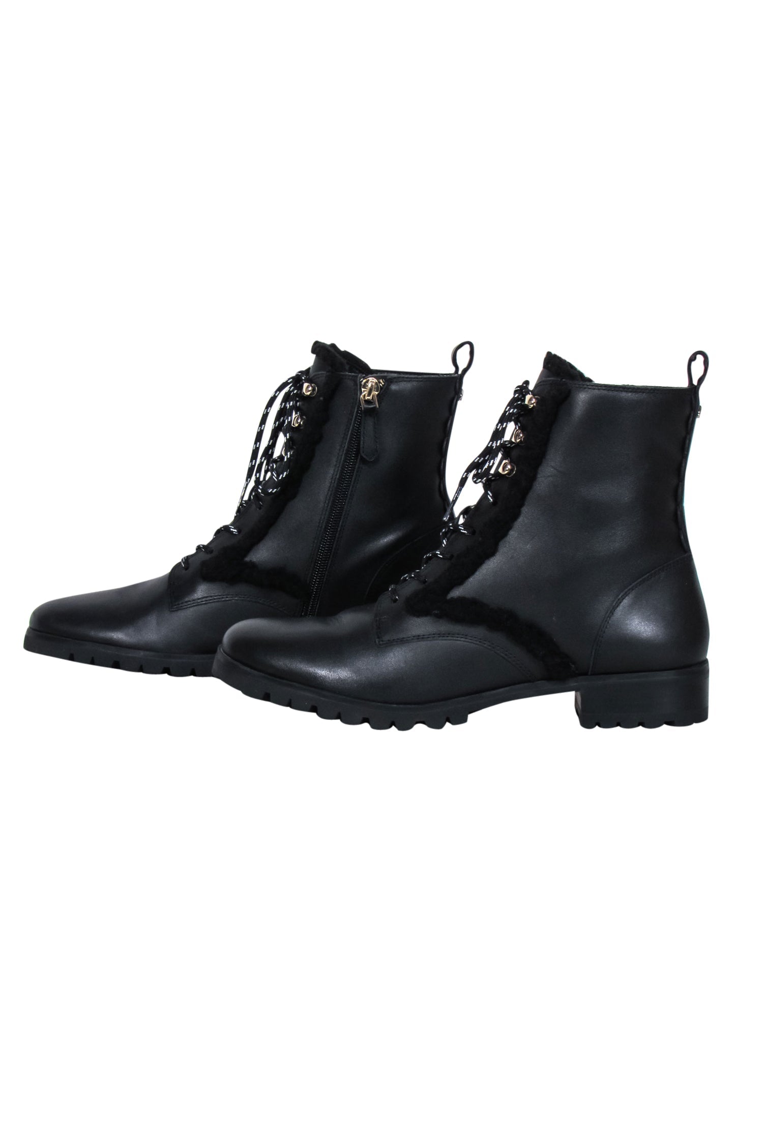 Kate Spade Black Leather Shearling Trim Combat Boots - Size 8.5
