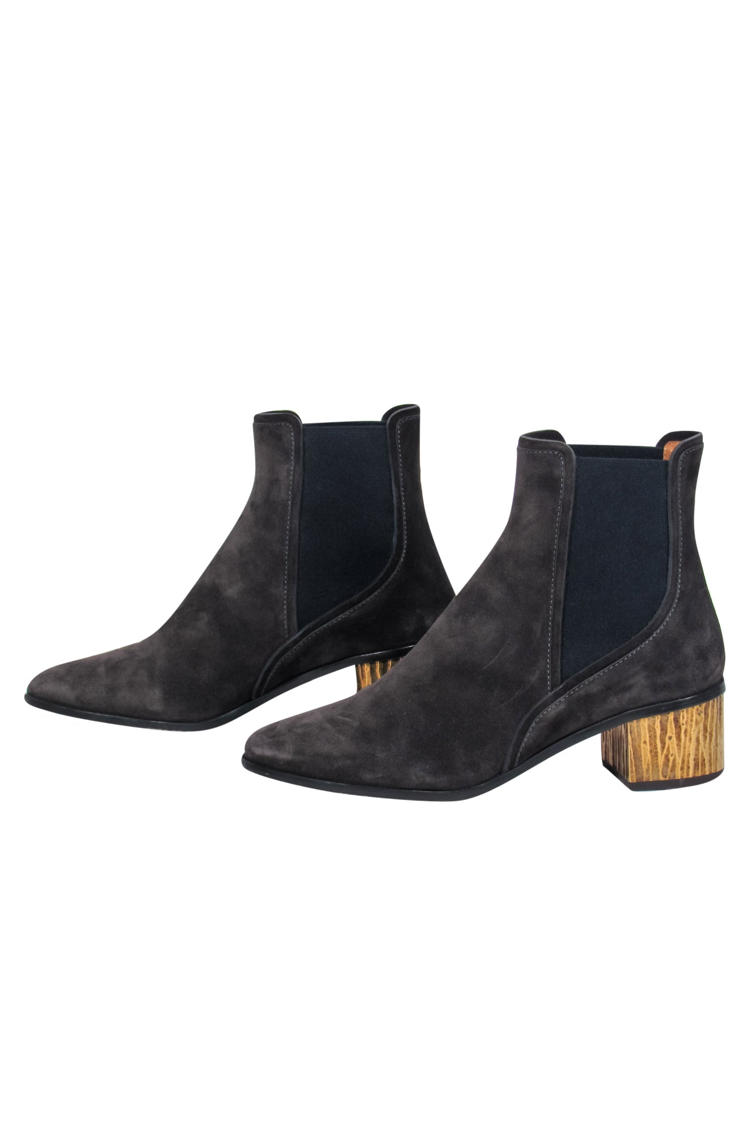 Chloe Black Suede Chelsea Booties - Gold Block Heel, Size 8.5