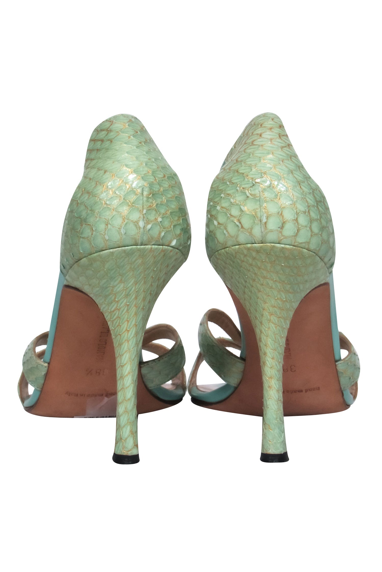 Manolo Blahnik Turquoise & Gold Snakeskin Strappy Pumps - Size 8.5, Irresistible for Fashionistas!