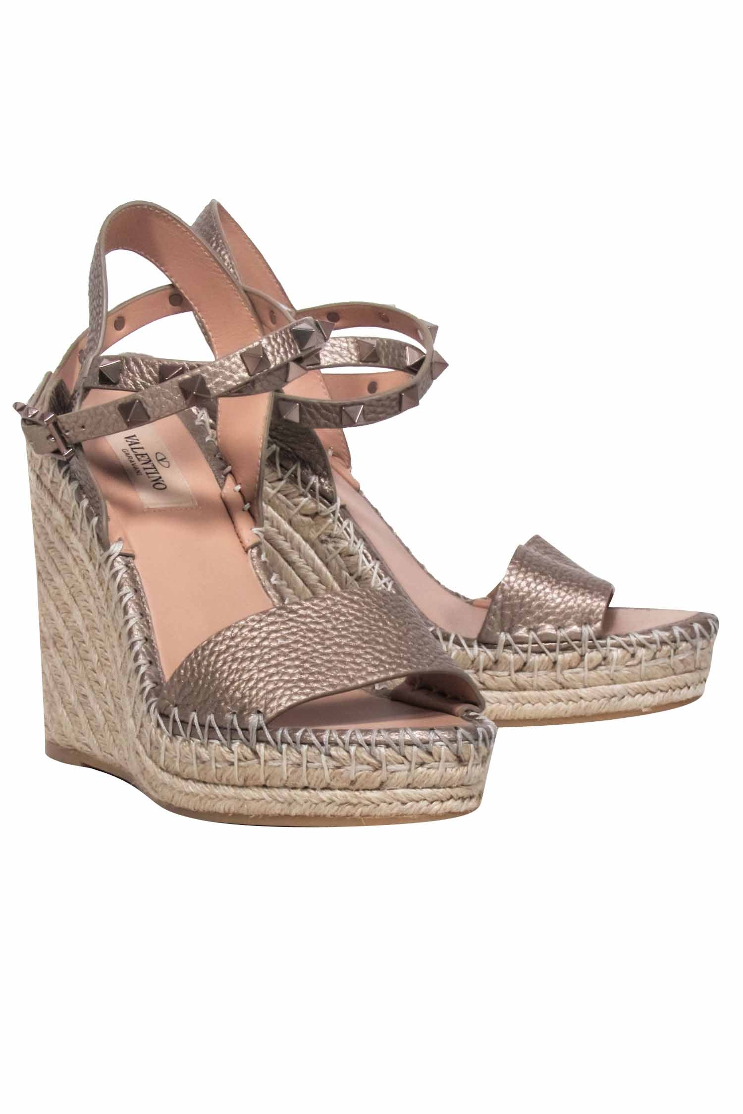 Valentino Garavani Brown Metallic Studded Wedges - Size 6.5