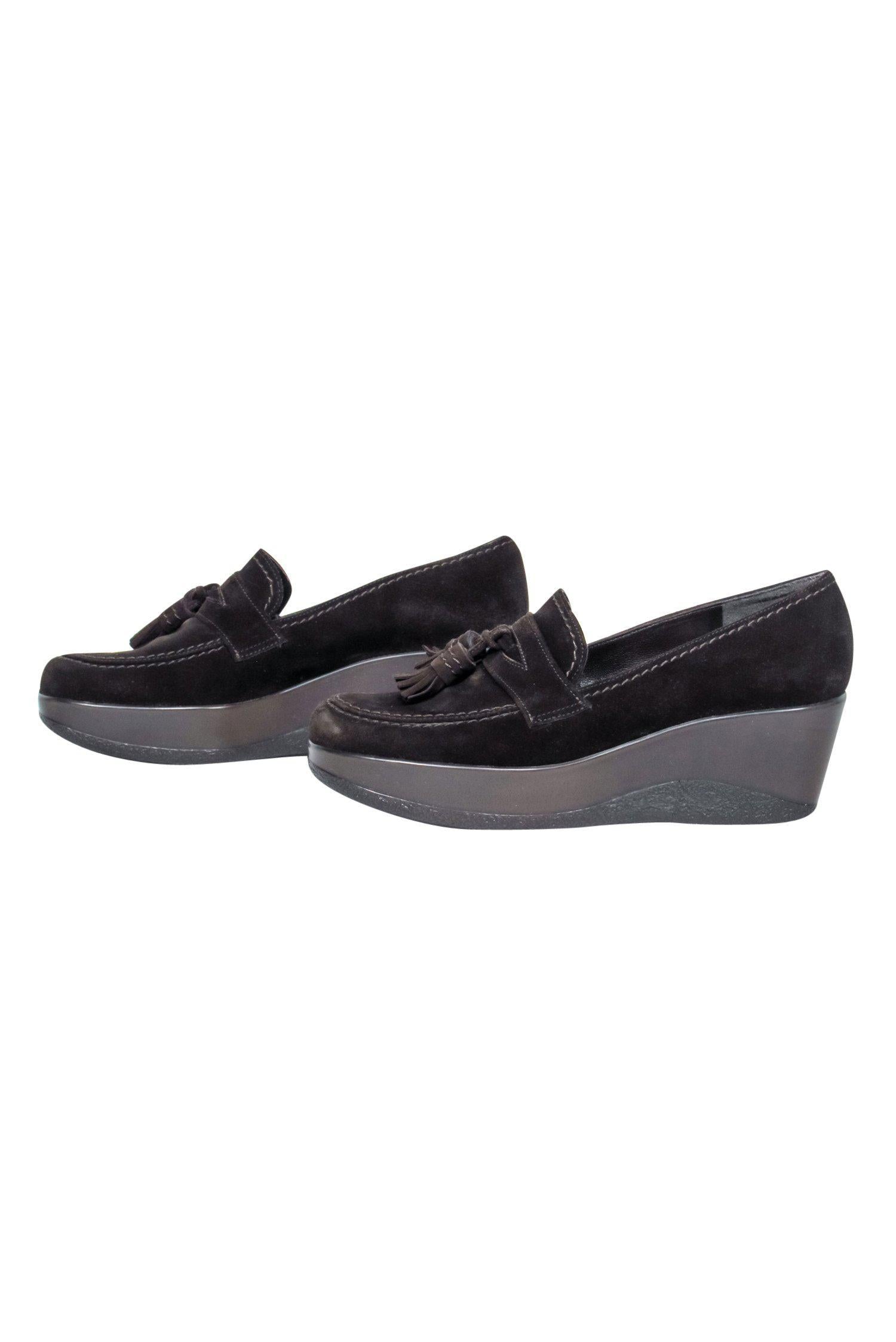 Stuart Weitzman's Edgy Brown Suede Platform Wedge Loafers - Size 6