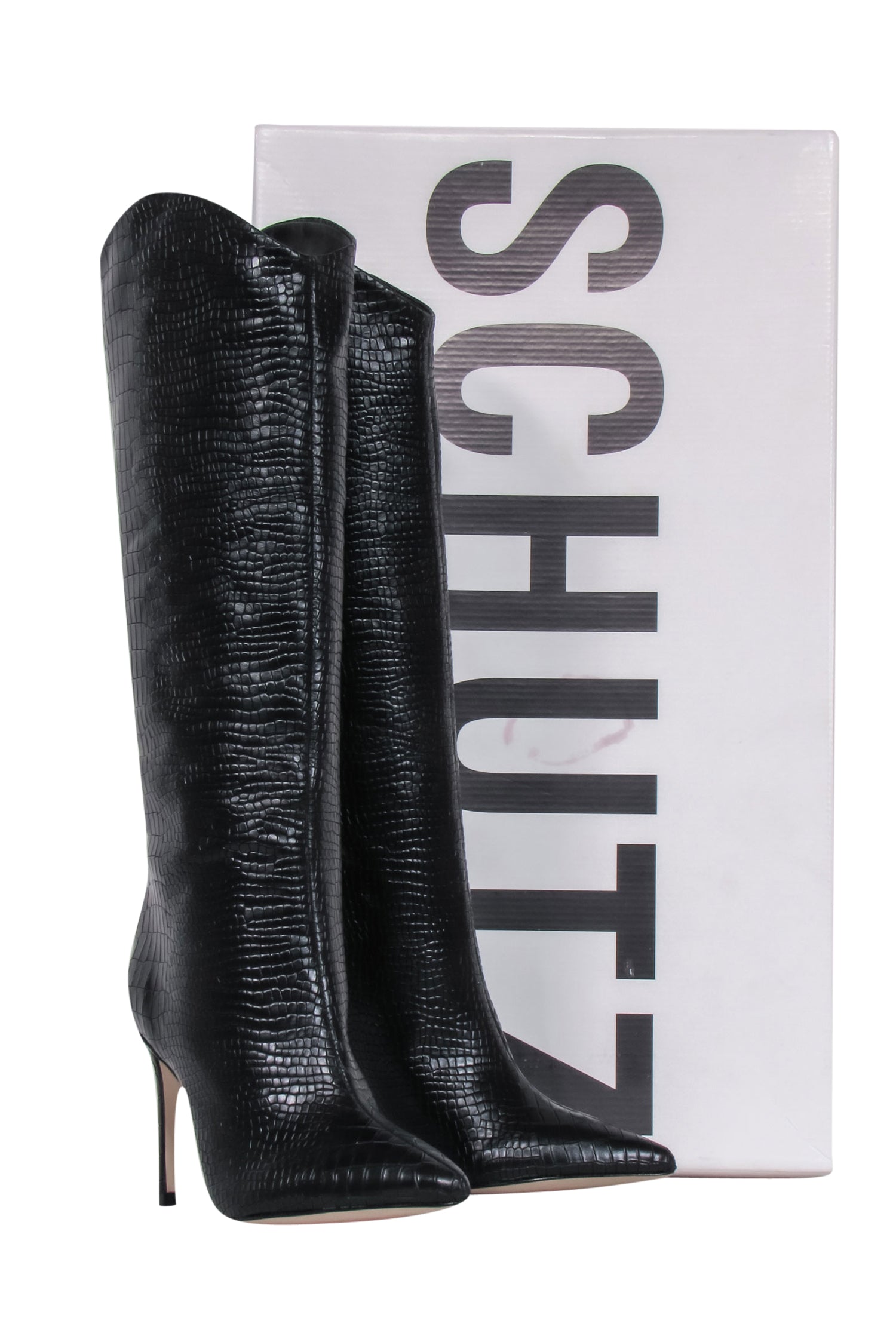Schutz Edgy Black Crocodile Textured Knee-High Boots - Size 7.5