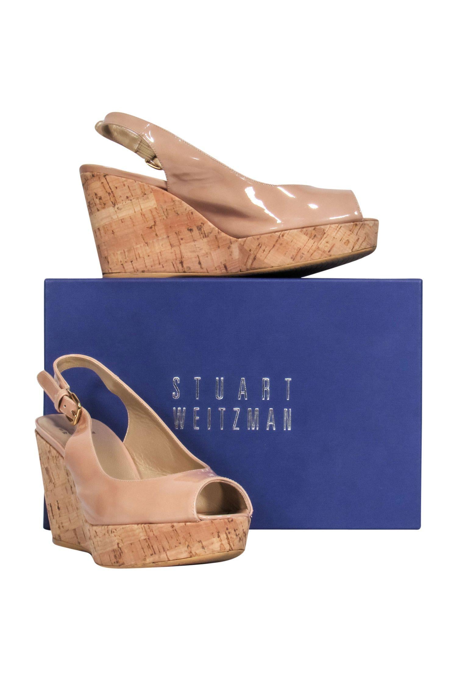 Stuart Weitzman's Glamorous Nude Patent Leather Peep Toe Slingback Cork Wedges - Size 8.5