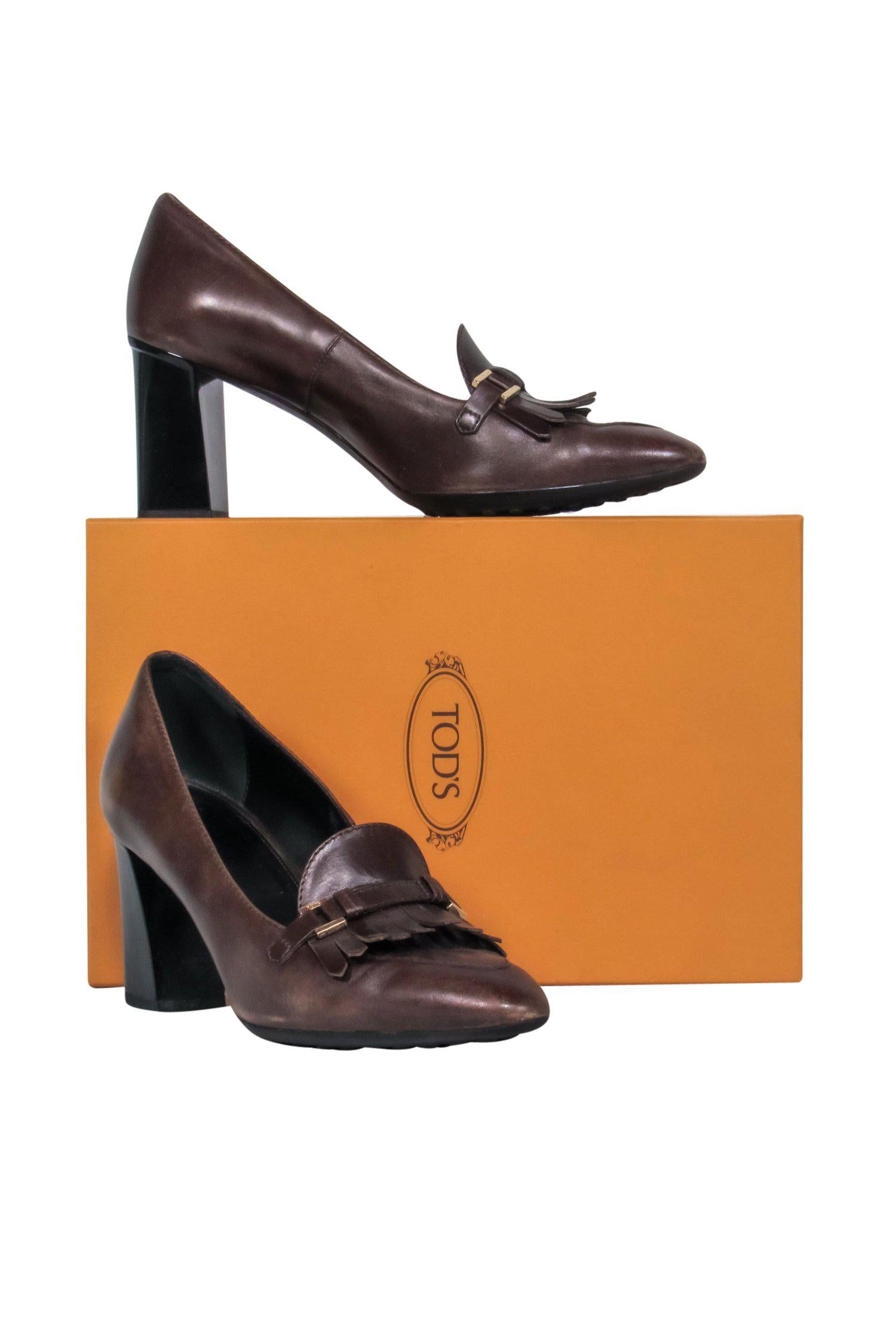 Tod's Brown Leather Fringe Stacked Loafer Heels - Size 8