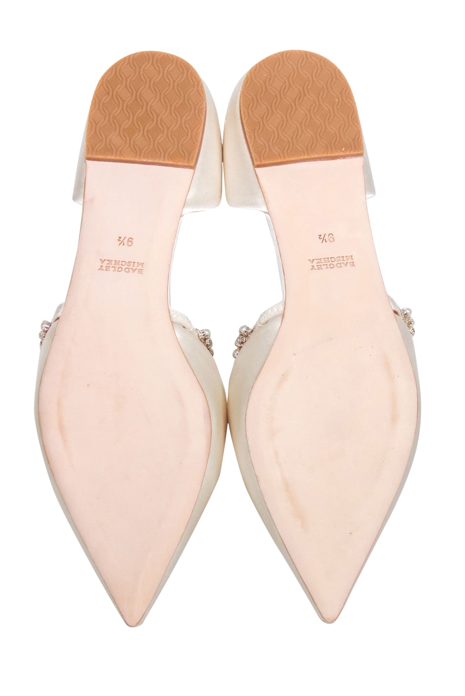 Badgley Mischka Ivory Satin Glamorous Embellished Strap Flats - Size 9.5
