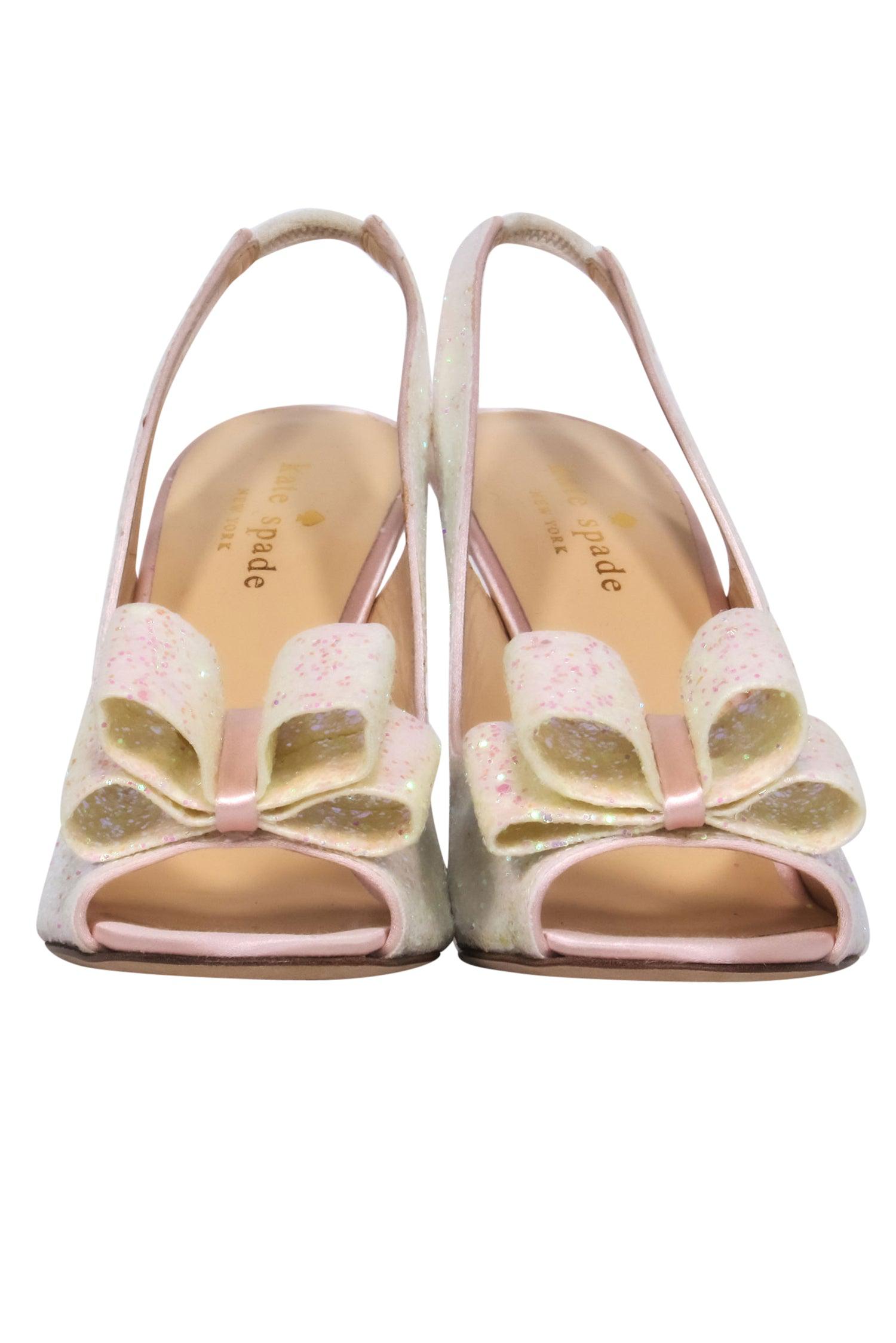 Kate Spade Champagne Iridescent Glitter Bow Slingback Peep-Toe Pumps - Size 7